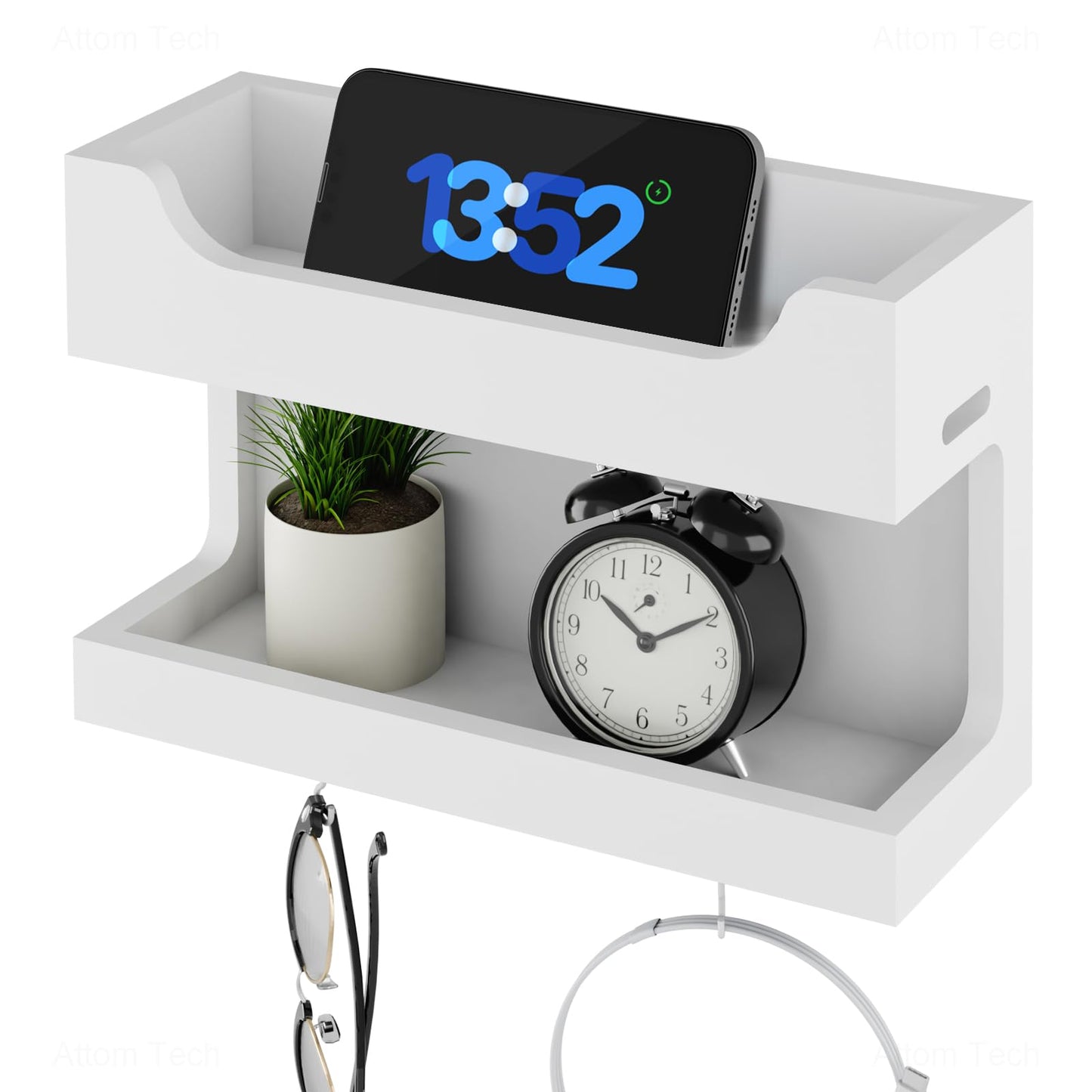 NiHome Wall Mounted Wooden Bedside Accessories Organizer, Double Tray Bedside Wall Storage Shelf Rack with Magnetic Hooks,Bedroom Dorm RV Wall Caddy Holder for Phone Glasses Alarm Clock Remote (White)