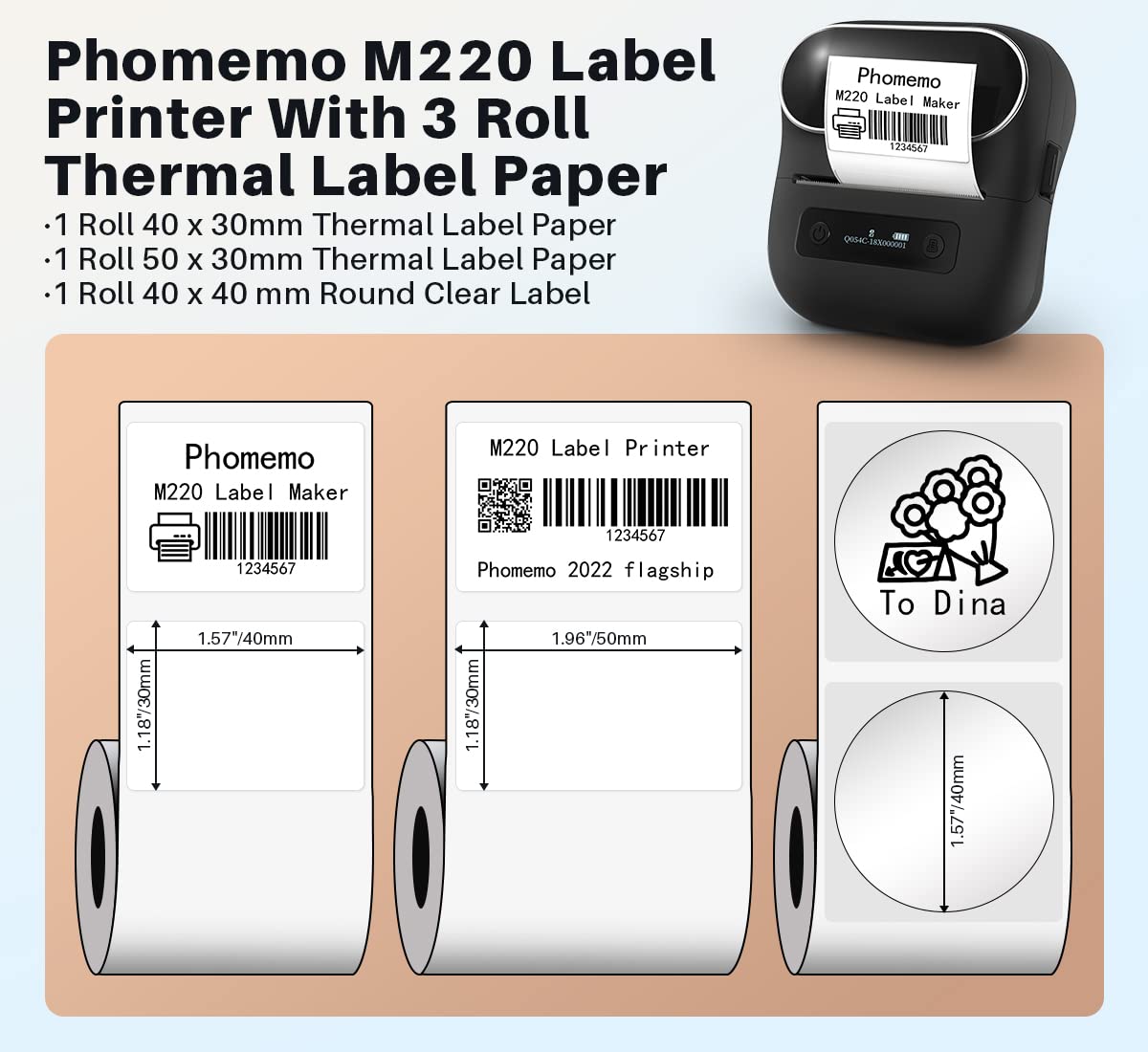 Phomemo M220 Label Makers, Bluetooth Label Printer, 3.14 Inch Portable Thermal Label Maker Machine for Barcode, Labeling, Organizing, Small Business, Compatible with iOS & Android, with 3 Roll Labels