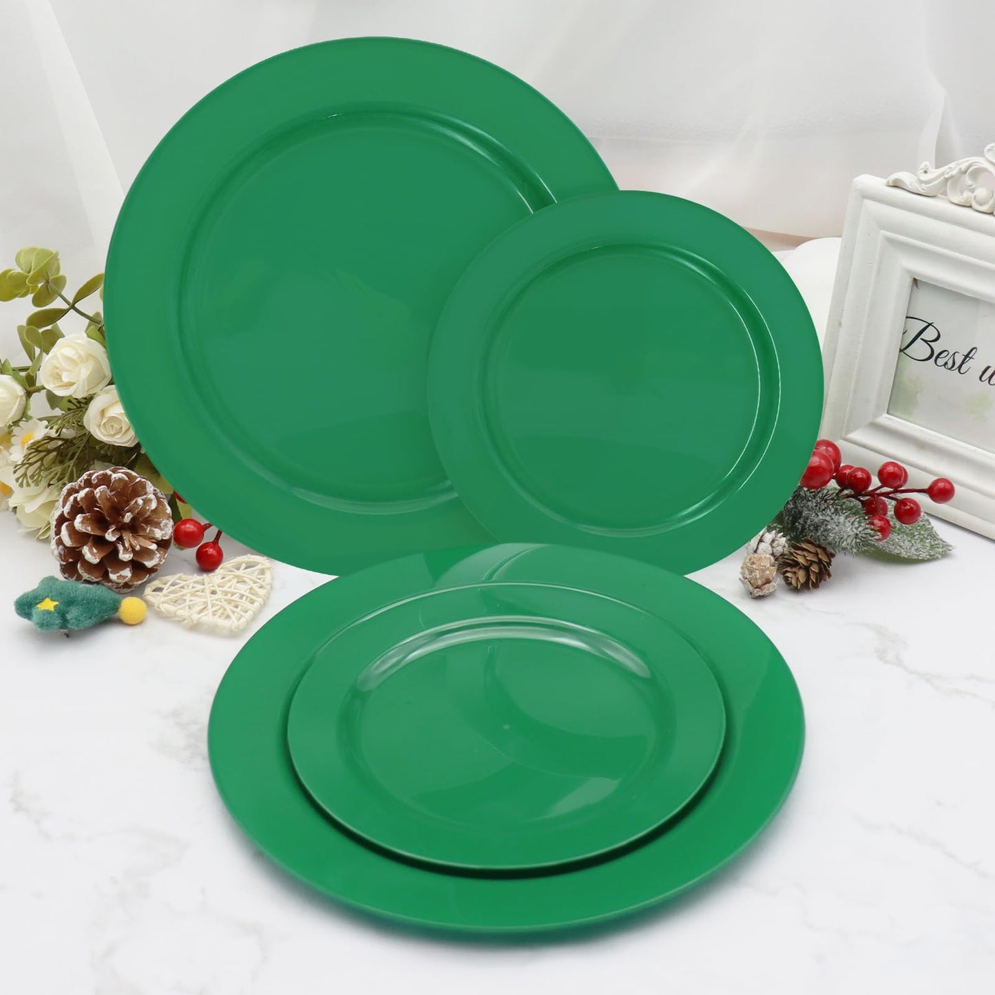 joy akkess 50 PCS Green Plates Disposable, Heavy Duty Green Plastic Plates include 25 Dinner (10.25") & Dessert (7.5") for Birthday, Christmas
