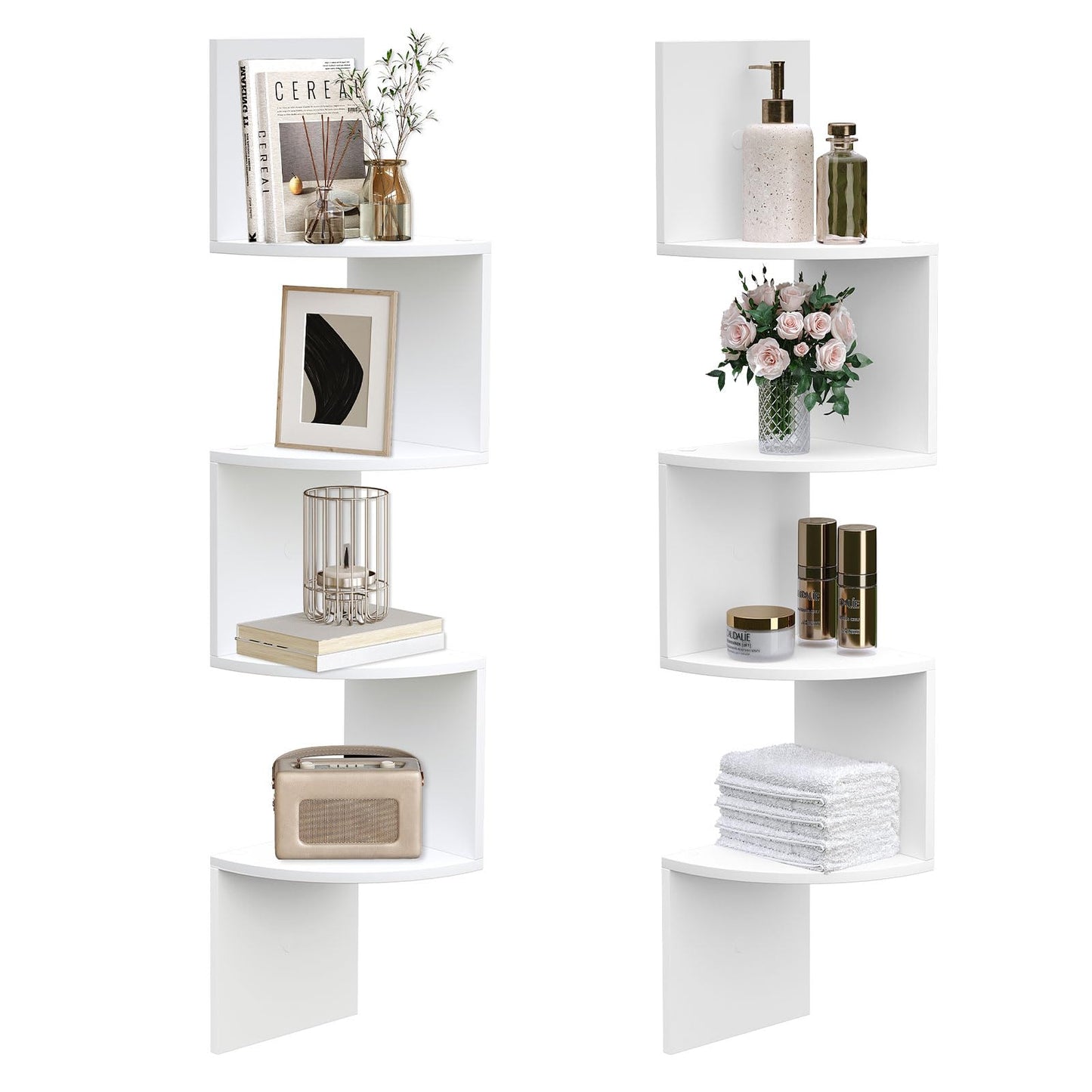 HOOBRO Corner Shelf Wall-Mounted, Set of 2 Floating Corner Shelves, 4-Tier Corner Bookshelves for Wall Decor in Living Room, Bedroom, Bathroom, Home Office, White WT25BJP201