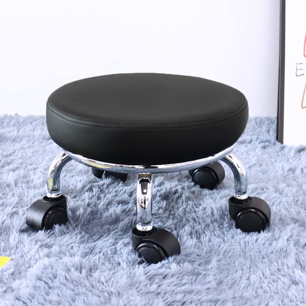 WKWKER Rolling Seat PU Leather Low Round Rolling Stool Small Stool with Universal Swivel Wheels for Home Office Garage Shop Fitness Sports, Height: 21.8 cm (Black)