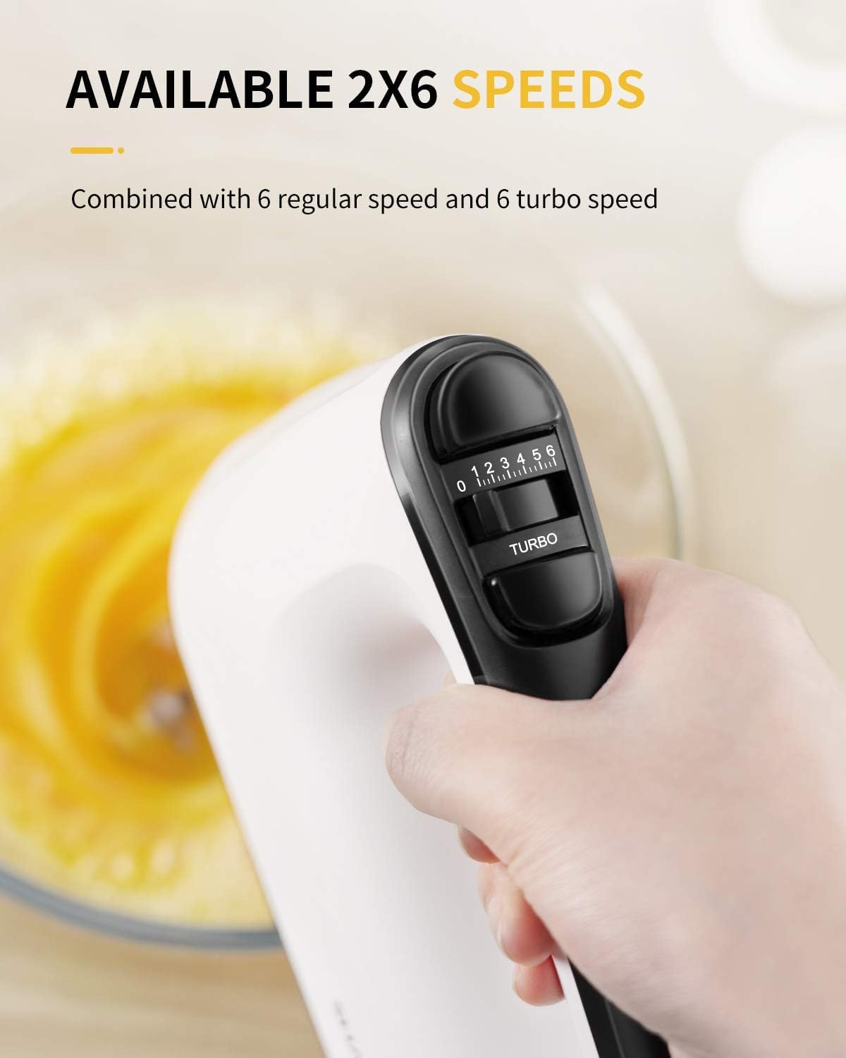 SHARDOR Hand Mixer Electric 6 Speed & Turbo Electric Mixer Handheld Snap-On Storage Case, 5 Stainless Steel Accessories Mixers for Baking, Whipping, Mixing Cookies, Brownie, Cakes Dough, Batters White