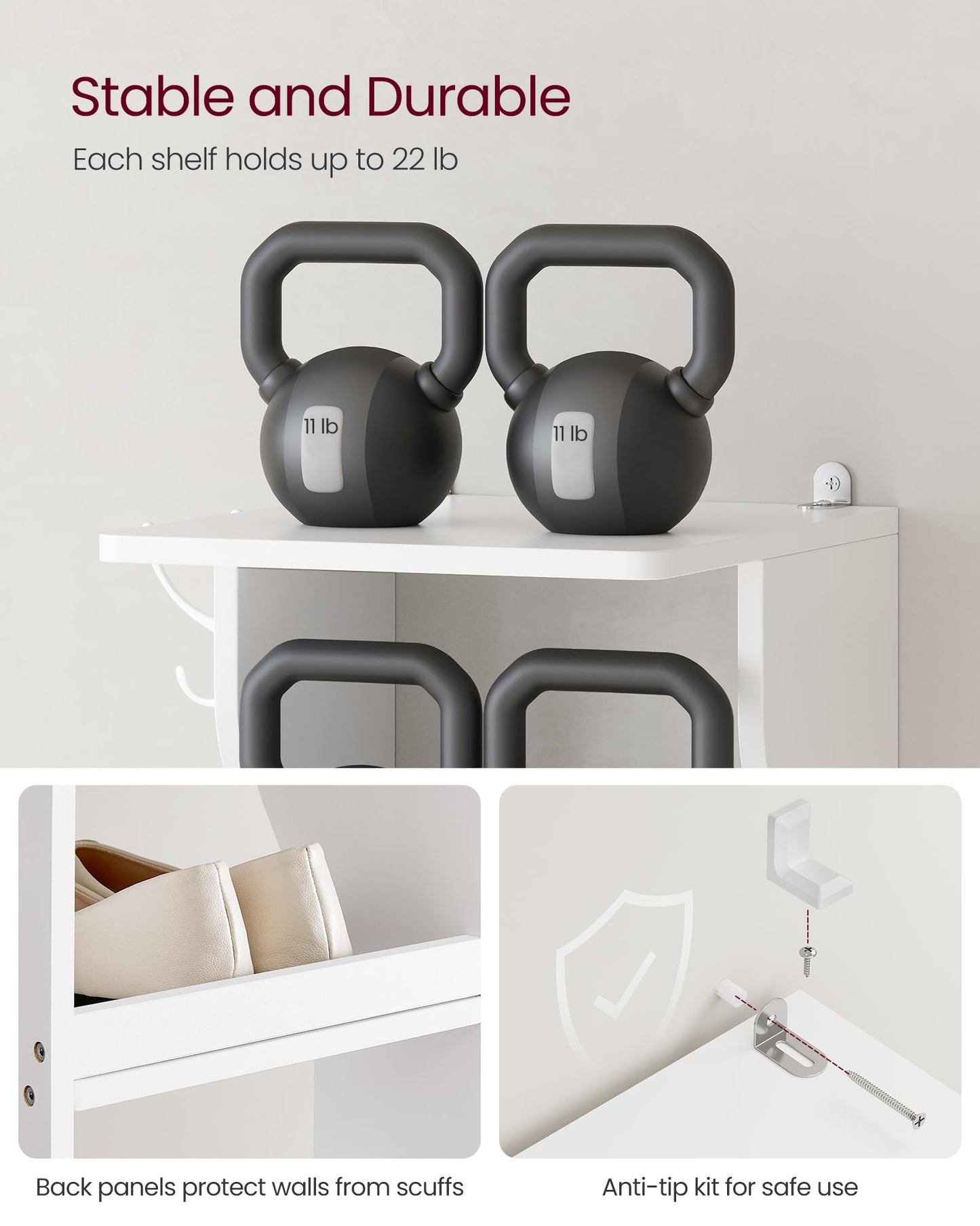 VASAGLE 7-Tier Vertical Shoe Rack, Narrow Shoe Storage Organizer with Hooks, Slim Corner Tower Shelf, Space-Saving for Entryway and Bedroom, White ULBS200T14