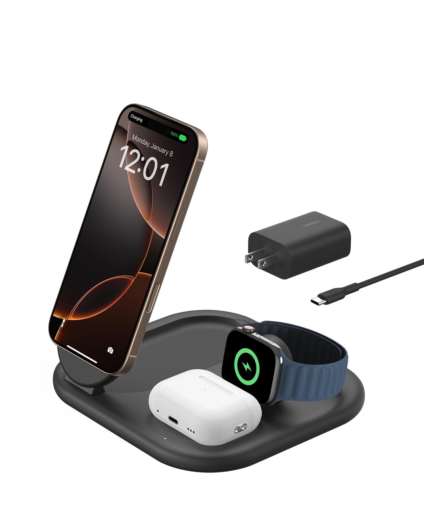 Belkin 3-in-1 MagSafe-Compatible iPhone Charger 15W, Foldable Magnetic Qi2-Certified Wireless Charging Station for iPhone 17, Apple Watch Series 10, AirPods 4, and More, w/Non-Slip Base & PSU - Black