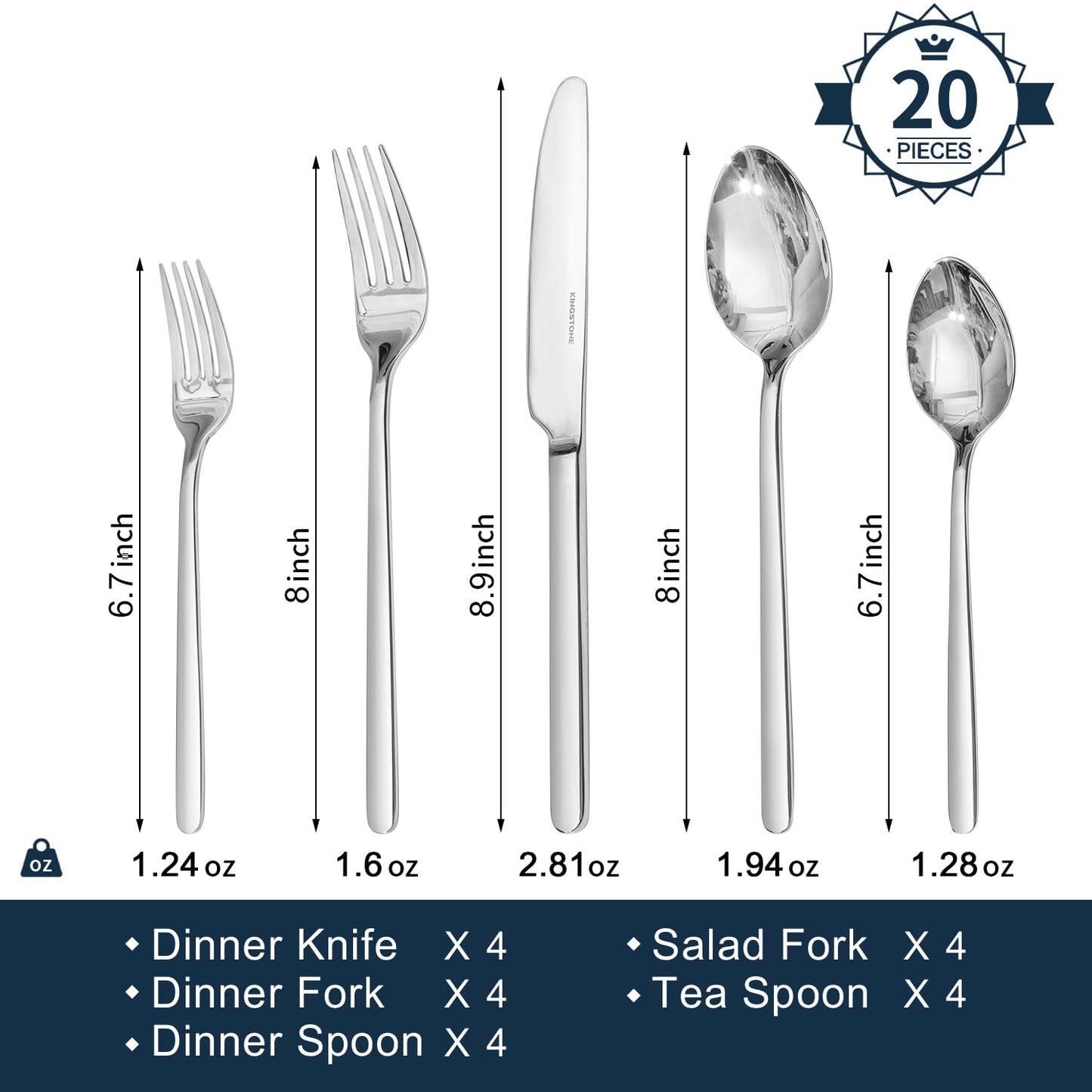 KINGSTONE Silverware Set, 20 Piece Flatware Cutlery Set for 4, 18/10 Stainless Steel Silverware Mirror Polished Dishwasher Safe for Home, Restaurant, Wedding, Party