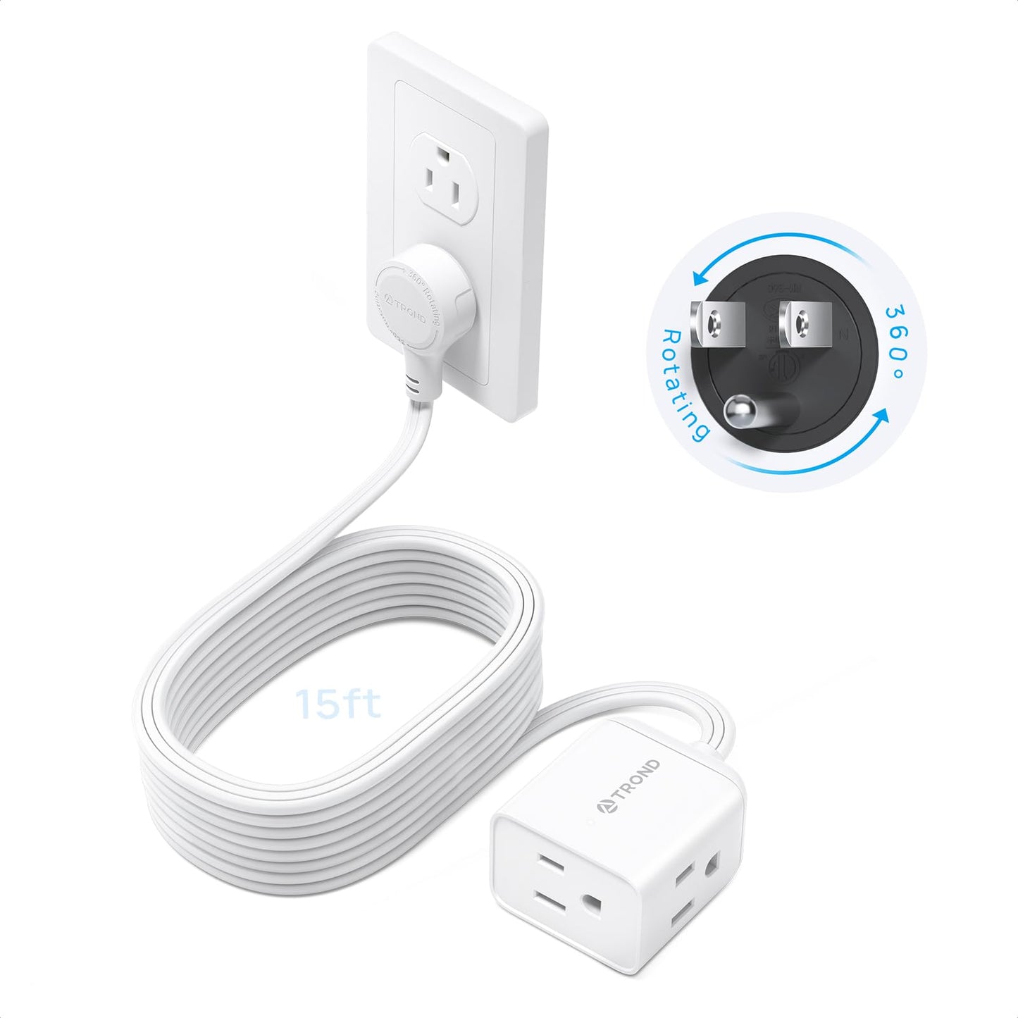 TROND 15ft Long Extension Cord Indoor, 360° Rotating Flat Plug Power Bar, 3 Way Outlets Extender, 13 Amps, 1625W, Small Flexible SPT 16/3 Cable Splitter for Hotel Cruise Ship Travel Essentials