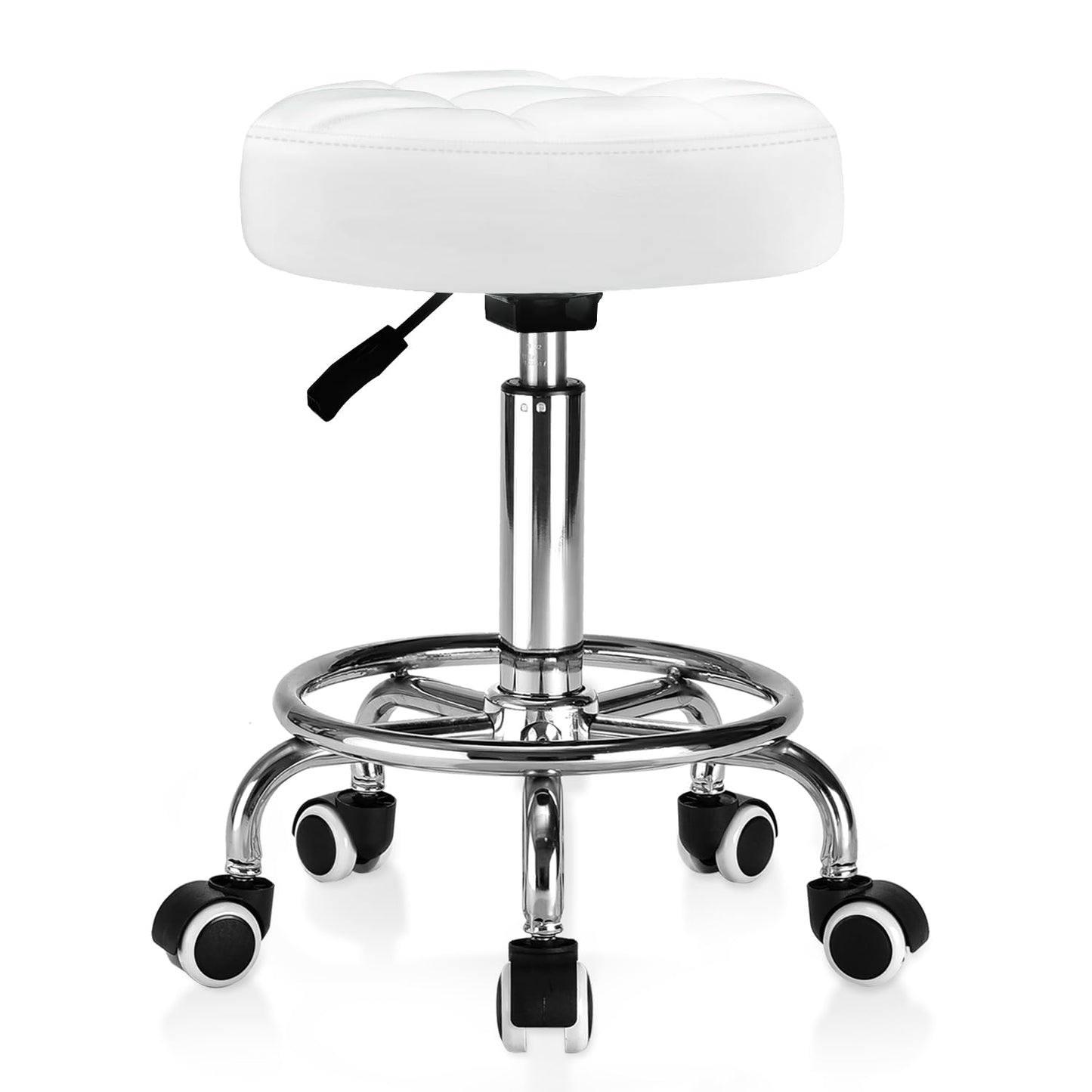 Rolling Stool PU Leather Round - Ultra Soft Padded Seat Cushion Stool with Wheels with Footrest, Strong Weight Capacity 350lb,Adjustable Swivel Stool for Tattoo Massage Salon Office Spa Home (White)