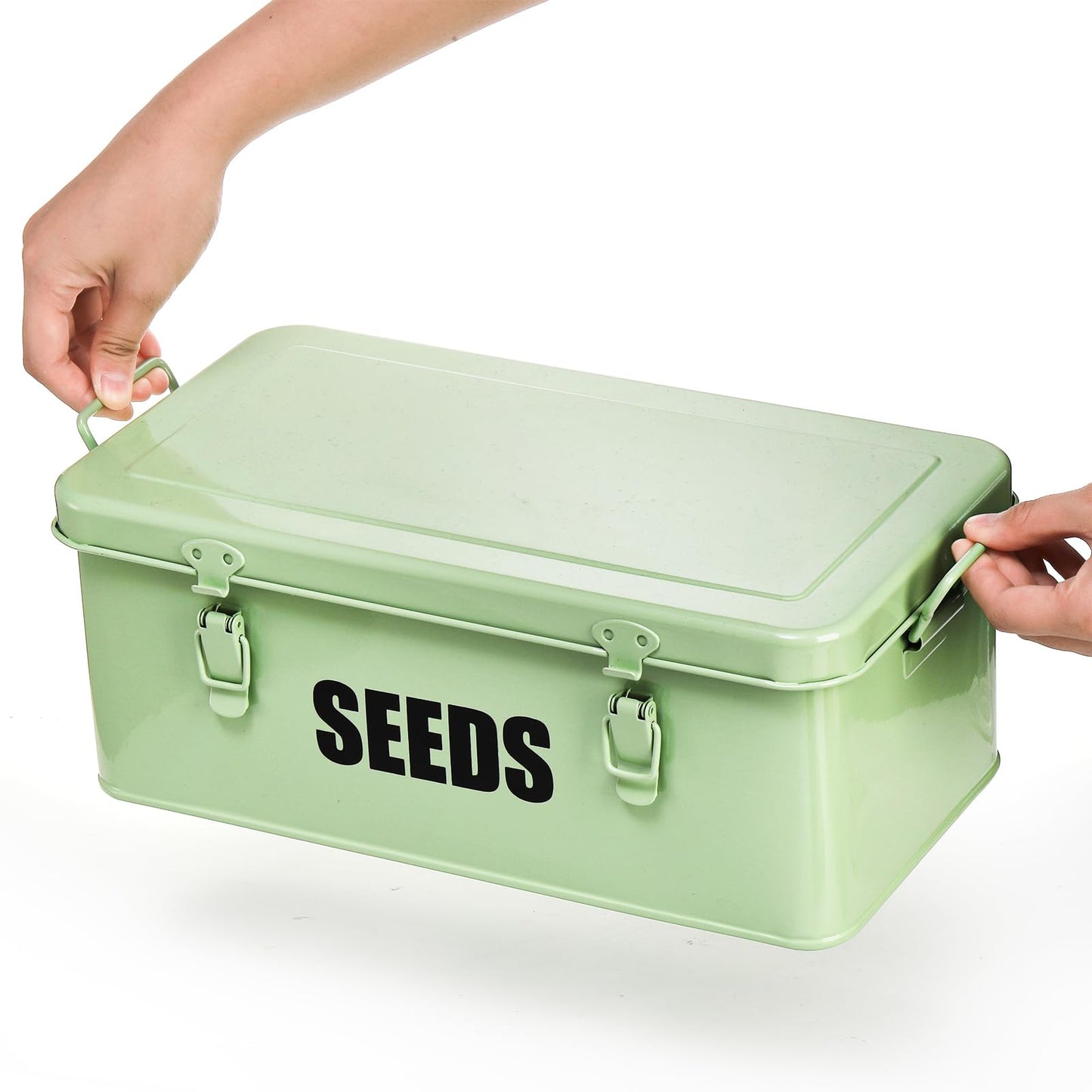 Mezchi Seed Storage Organizer Box with 4 Compartments, Large Metal Seed Packet Container with Lid & Safety Locks, Garden Seed Bin for Saving Seeds with 50 Plant Labels, 20 Envelopes