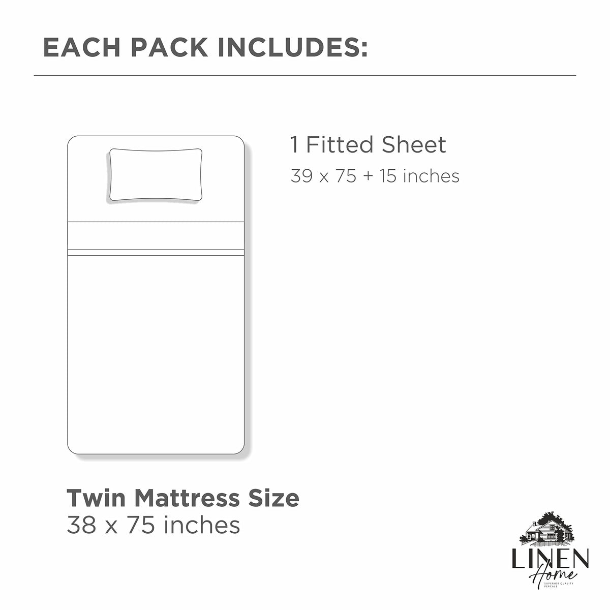 Linen Home 100% Cotton Percale Weave Fitted Sheet, Twin Size, White, 1 Deep Pocket Fitted Sheet, Fits Mattress Upto 16" Crisp and Cool Strong Bed Linen, 39"X75"+15"