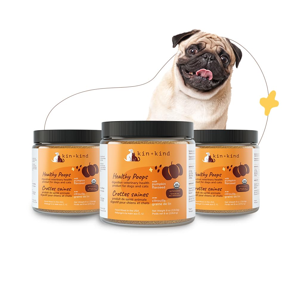 kin+kind Organic Fiber for Dogs&Cats - Pumpkin Boost for Healthy Poops - Digestive Health - Flax Seed, Ginger, Turmeric and Coconut - Made in USA - Bundle (3 x 226.8 g)