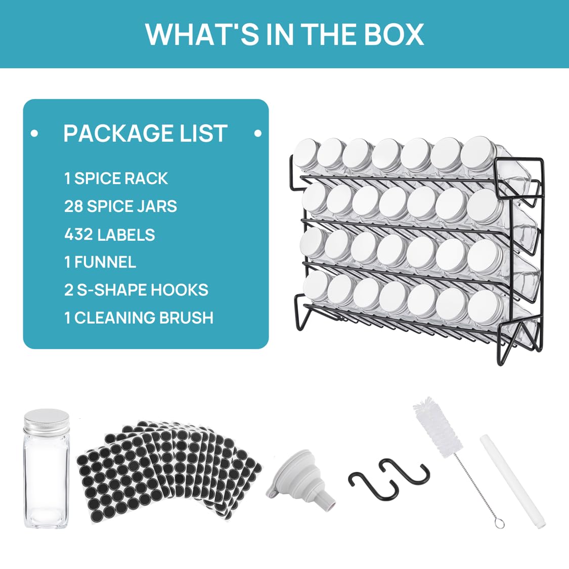 Vtopmart Spice Rack Organizer for Cabinet, 4 Tier Spice Organizer with 28 Empty Spice Jars and 432 Blank Labels, Seasoning Organization for Countertop, Cabinet, Kitchen, Pantry, Cupboard