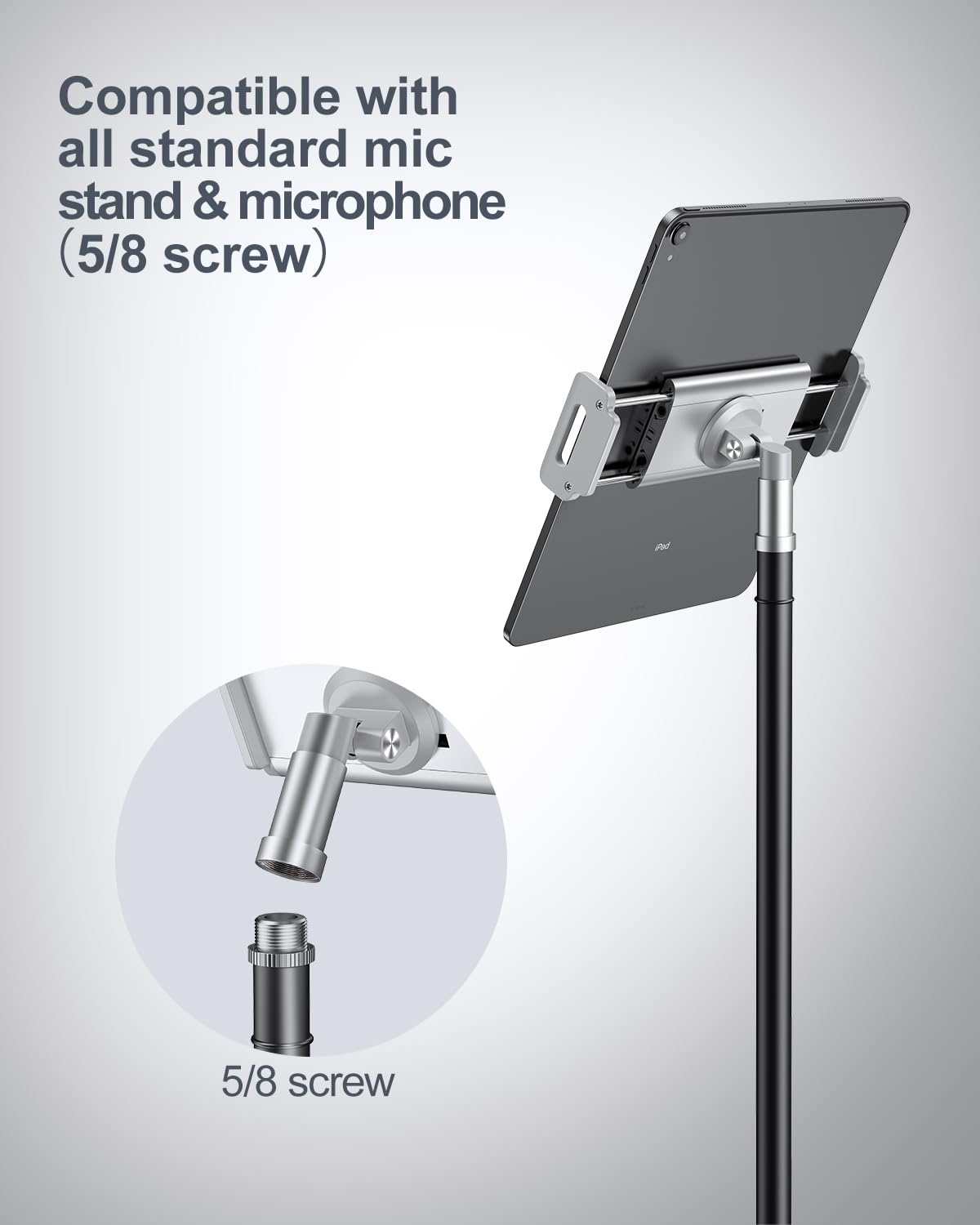 elitehood Aluminum iPad Holder for Mic Stand, Side Mount iPad Music Stand Holder for Microphone, 360° Swivel Tilt Adjustable Mic Tablet Mount for 4-13in iPhone, Cell Phones and Tablets, Sliver