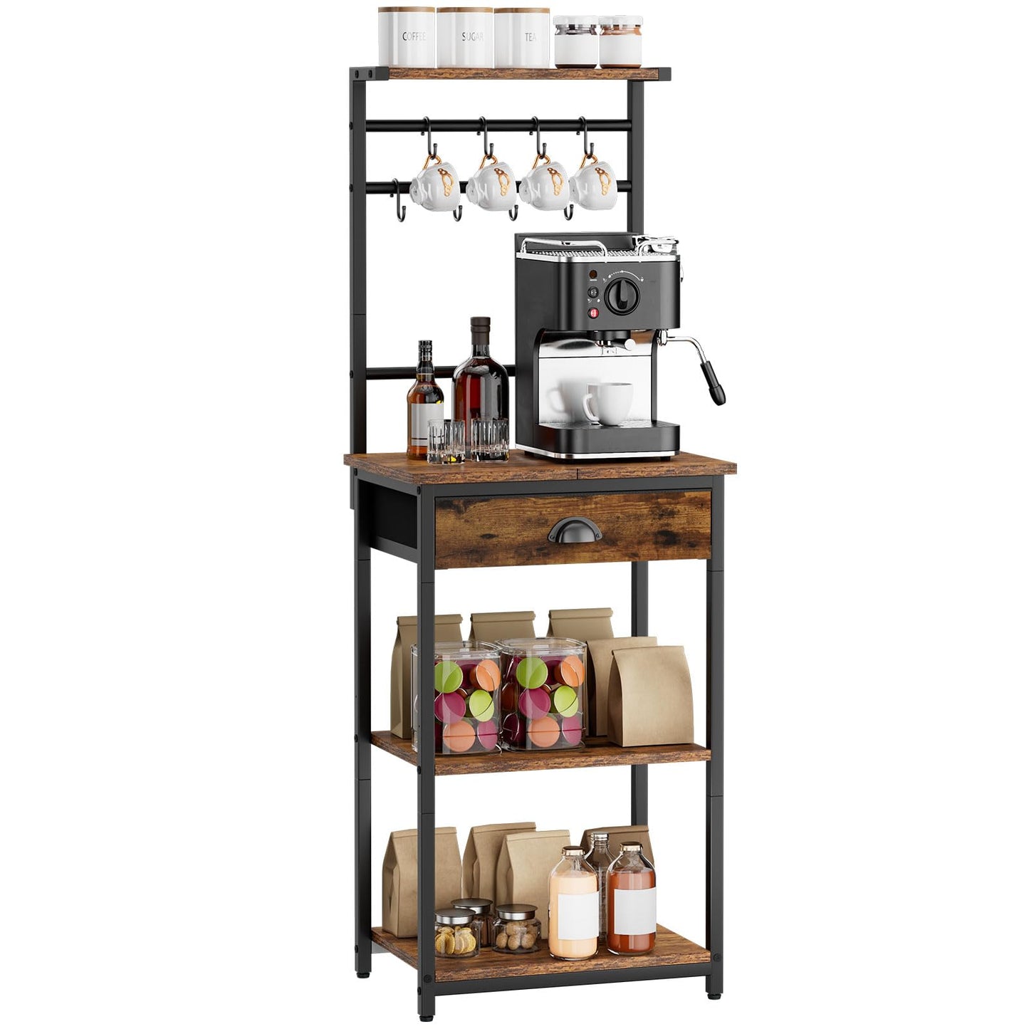 YMYNY Kitchen Shelf, Baker's Rack, Coffee Organiser, Coffee Bar, 5 Shelves, 8 Hooks, Fabric Drawers, Steel Frame, 43 x 33 x 134.5 cm, for Kitchen, Living Room, Vintage HBR009H