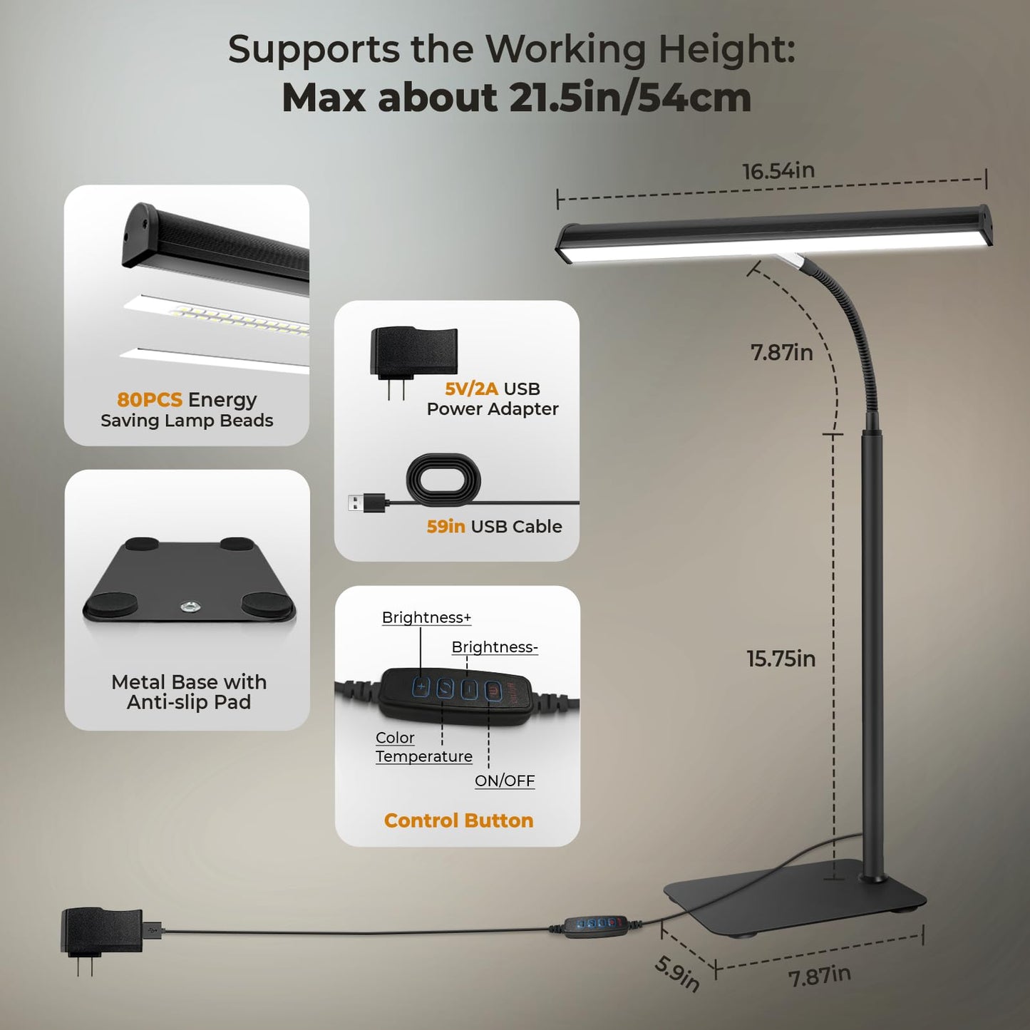 Desk Lamp for Home Office, Eye-Caring Architect LED Table Lamp, 3 Color Modes & 10 Brightness Level Desk Lamp, Adjustable Flexible Gooseneck, 21.5inch Tall Desk Light for Work Study Reading (Black)