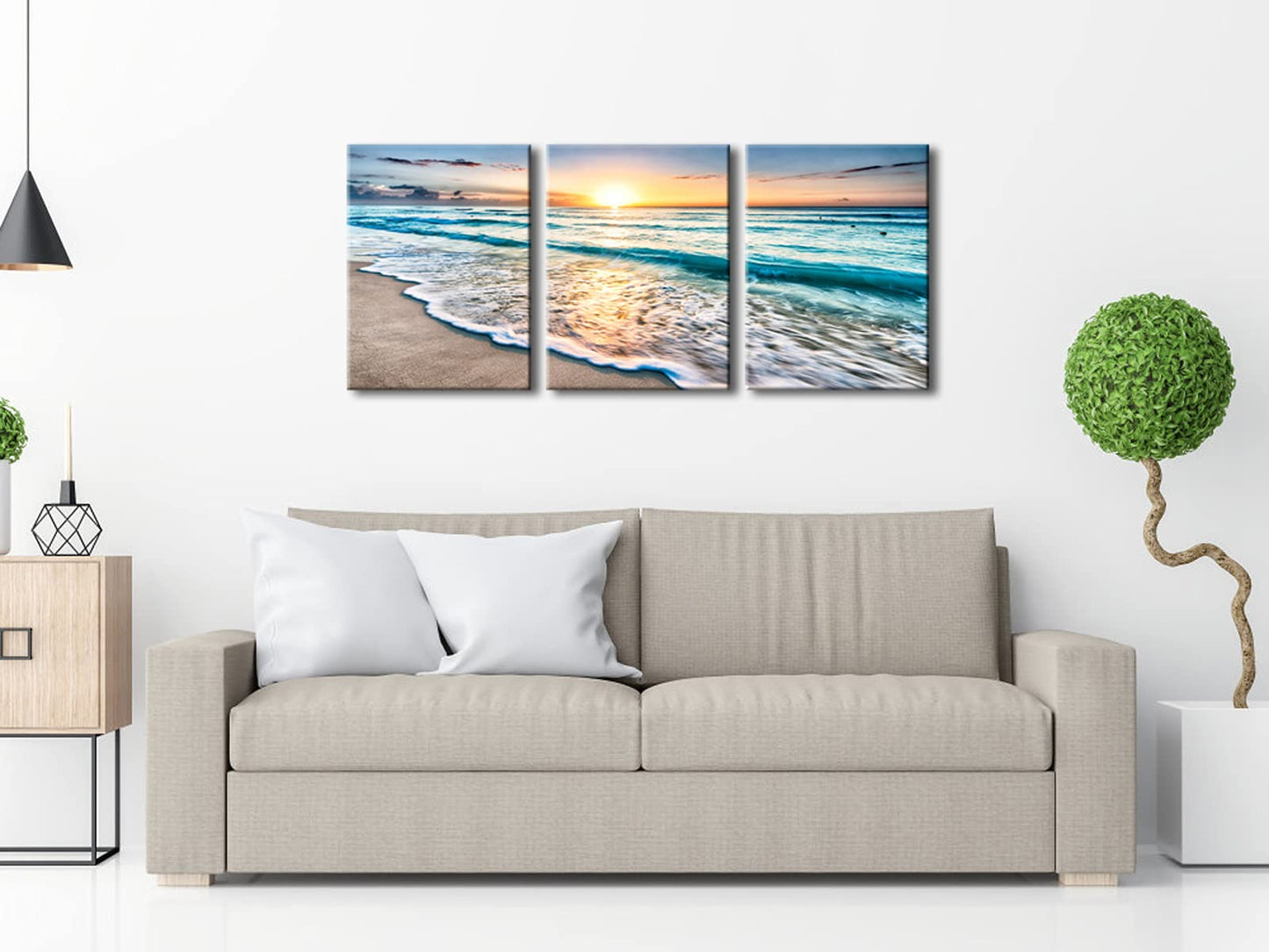 Pyradecor 3 Panels Blue Beach Sunrise White Wave Pictures Painting on Canvas Wall Art Modern Stretched and Framed Seascape Giclee Canvas Prints Seaview Landscape Artwork for Home Office Decorations