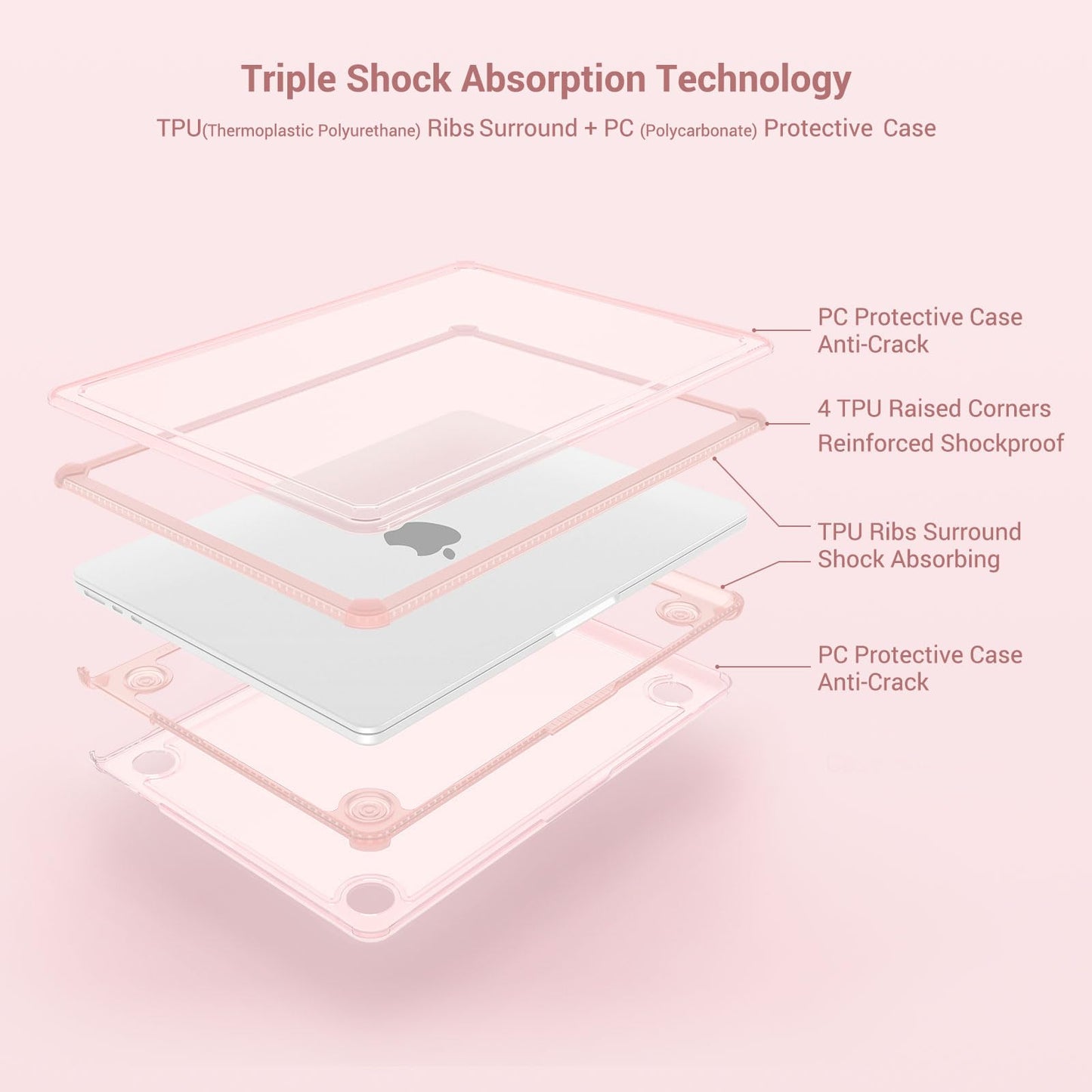 MOSISO Compatible with MacBook Air 13 inch Case M5 2026 M4 2025 M3 M2 2024-2022 A3449 A3240 A3113 A2681,3 in 1 Kit Crack-Resistant Heavy Duty Protective Plastic Hard Case with TPU Bumper, Pink