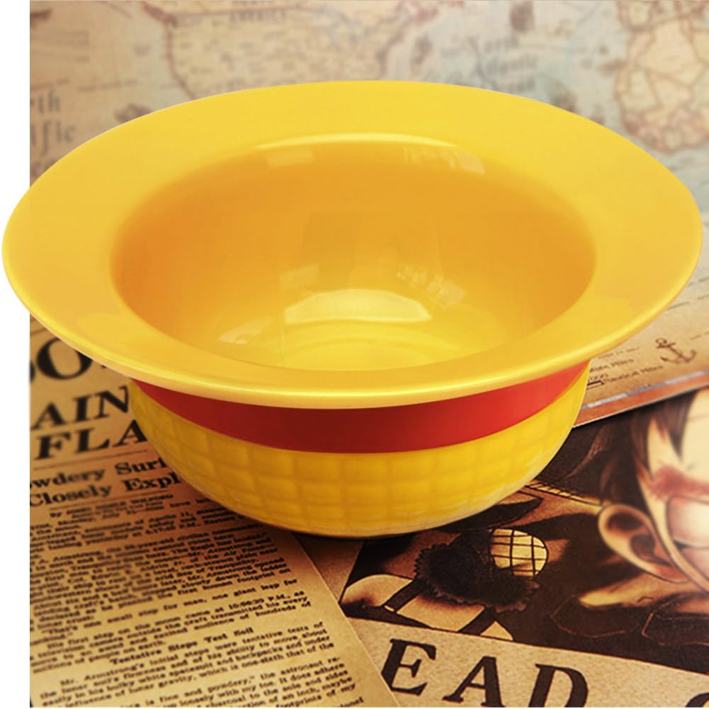 Straw Hat Ceramic Bowl Set w/Spoon Fork & Chopsticks - Novelty Ramen Bowl