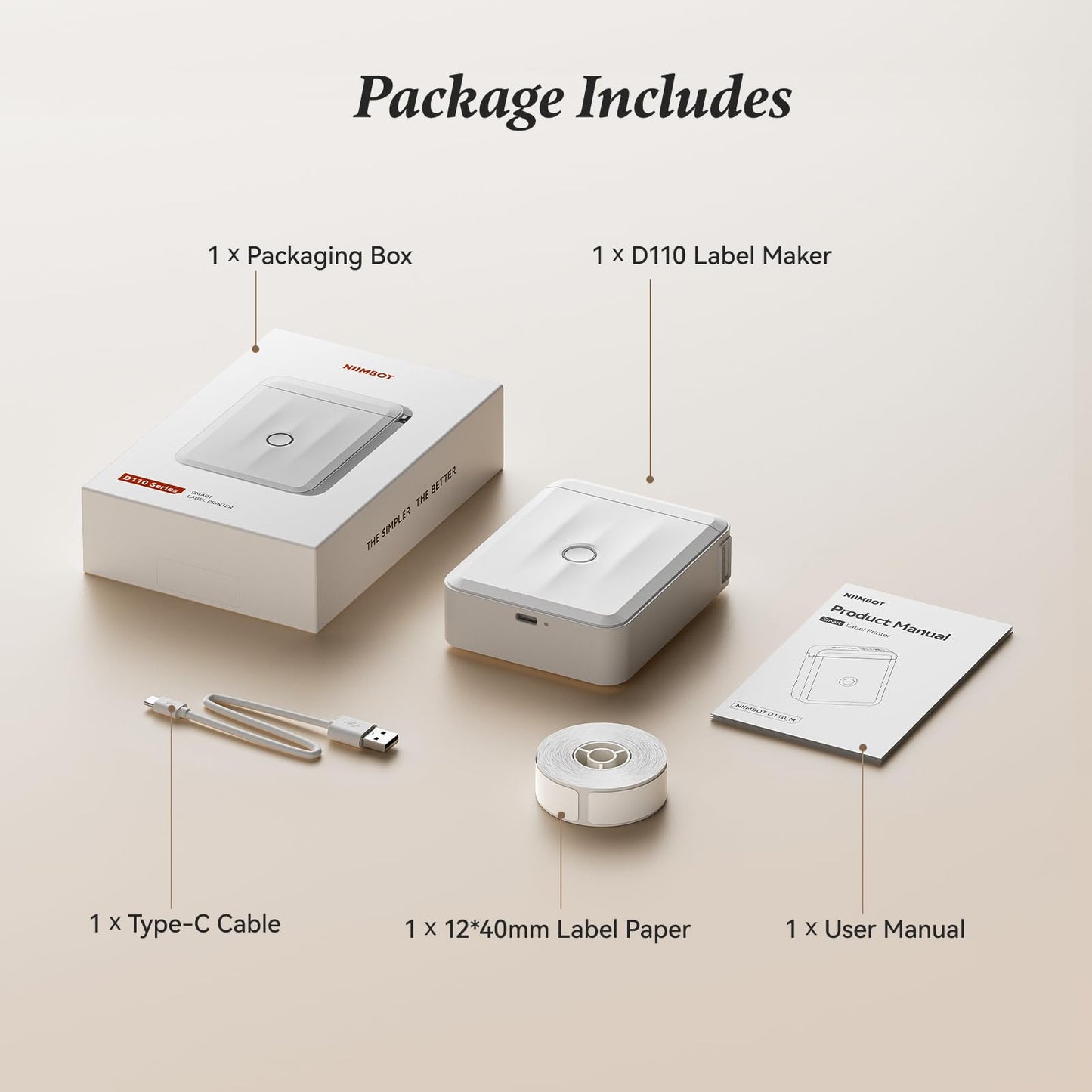 NIIMBOT D110 Label Maker Machine, Bluetooth Thermal Label Printer for School Home Office Organization, Mini Thermal Printer, Label Maker with 3 Label Tapes, White