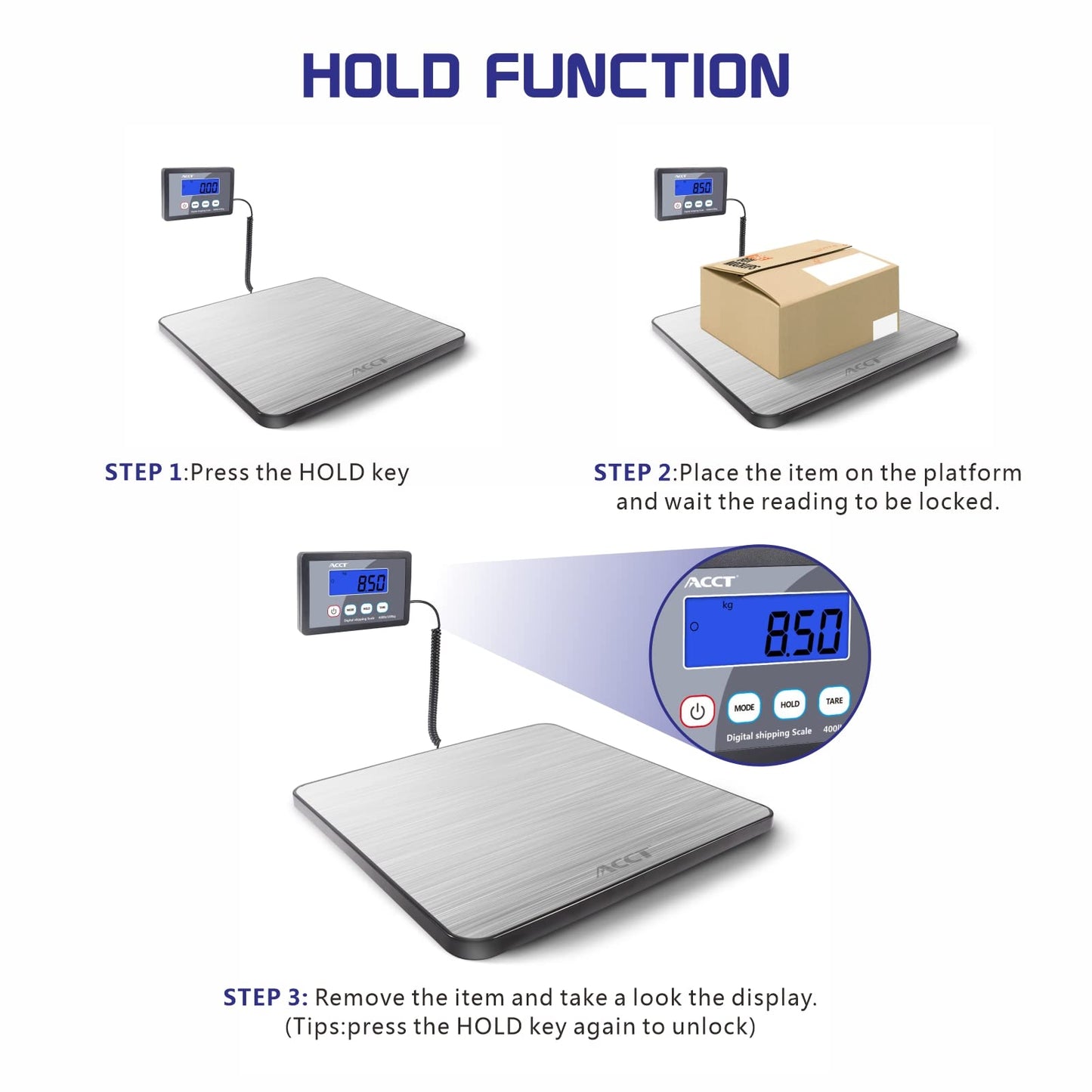 ACCT Shipping Scale, 400lb/1oz, Digital Postal Scale with Hold/auto-Off/Tare Function, Mail Scale for Packages/Pets/Luggage/Office, Heavy Duty Scale, Batteries & USB Cable Included