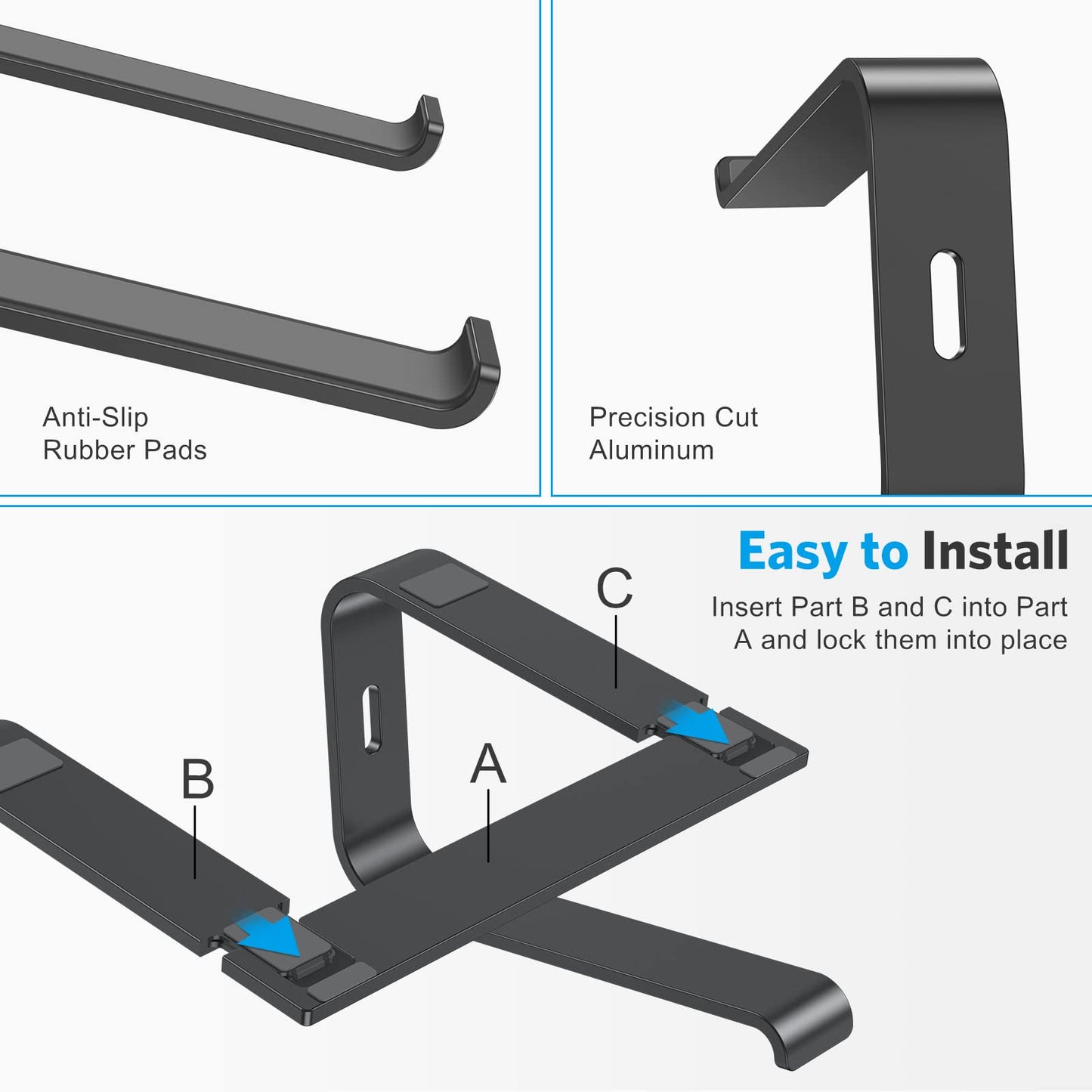 Laptop Stand, OMOTON Laptop Mount, Aluminum Laptop Holder Riser Stand for Desk, Compatible with MacBook Air/Pro, Dell, HP, Lenovo and All Laptops (10-15.6 inch),Black