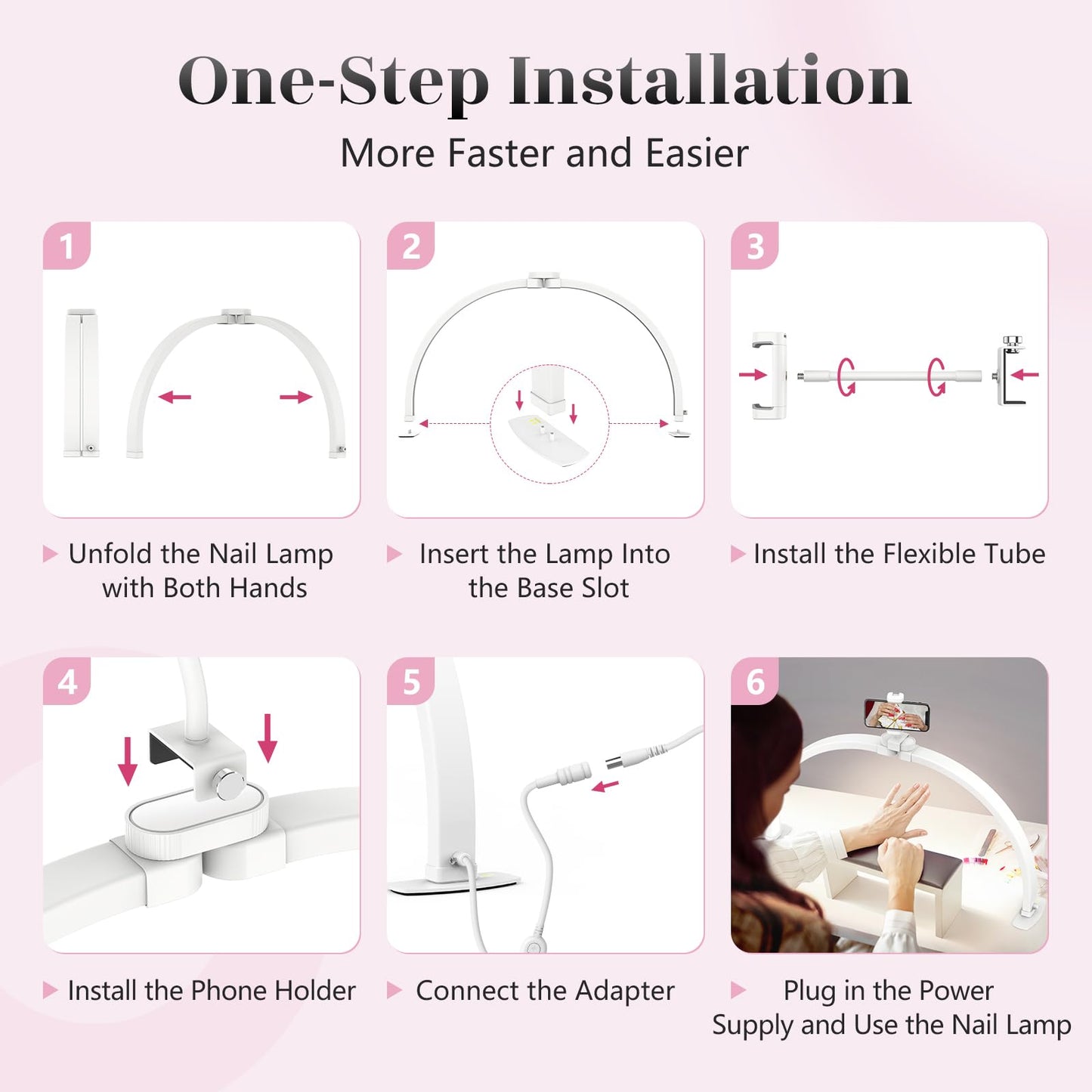 Yokilly Half Moon Light for Nail Desk: 29" Foldable Half Moon Nail Desk Lamp with Phone Holder for Beginner - Arch Tech Light with 3 Color Modes & 10 Brightness for Manicure Salon (White, Large)