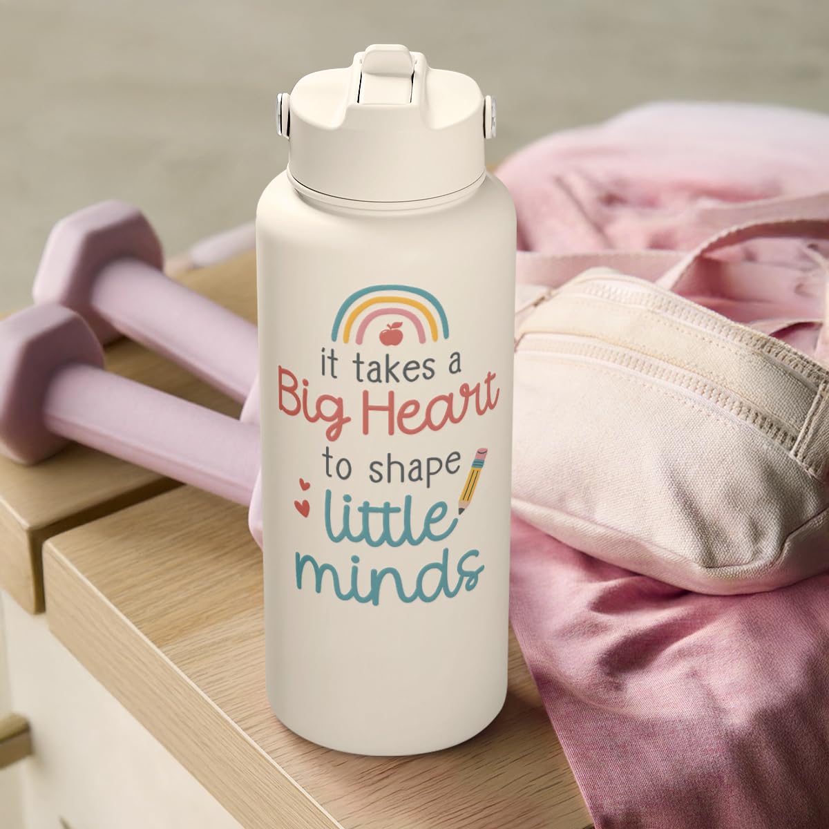 SANDJEST Teacher Appreciation Gifts - It Takes a Big Heart to Shape Little Minds Water Bottle 32oz Stainless Steel Insulated with Lid, Teacher Gifts from Students for Teacher's Day Back to School