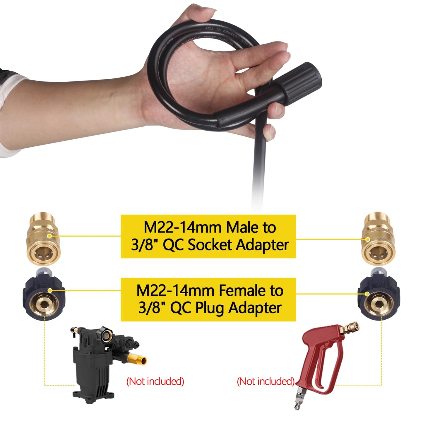 Aceup Energy Pressure Washer Hose 50 FT 1/4" 3200 PSI M22-14mm Brass Fitting Quick Connect, Flexible Replacement Power Washer Hose, Universal Compatible with Ryobi, Troy Bilt, Greenworks, Craftsman