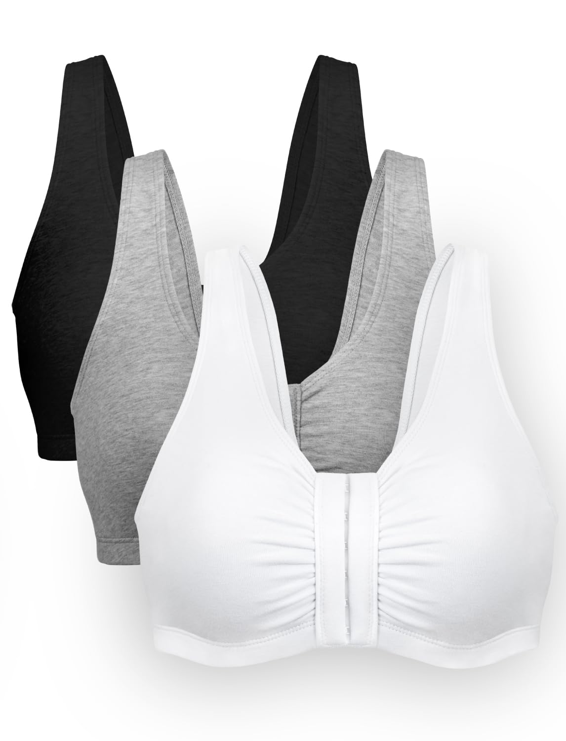 Bestform 5006014 Comfortable Unlined Wireless Cotton Stretch Sports Bra with Front Closure, Grey | Black | White, 38