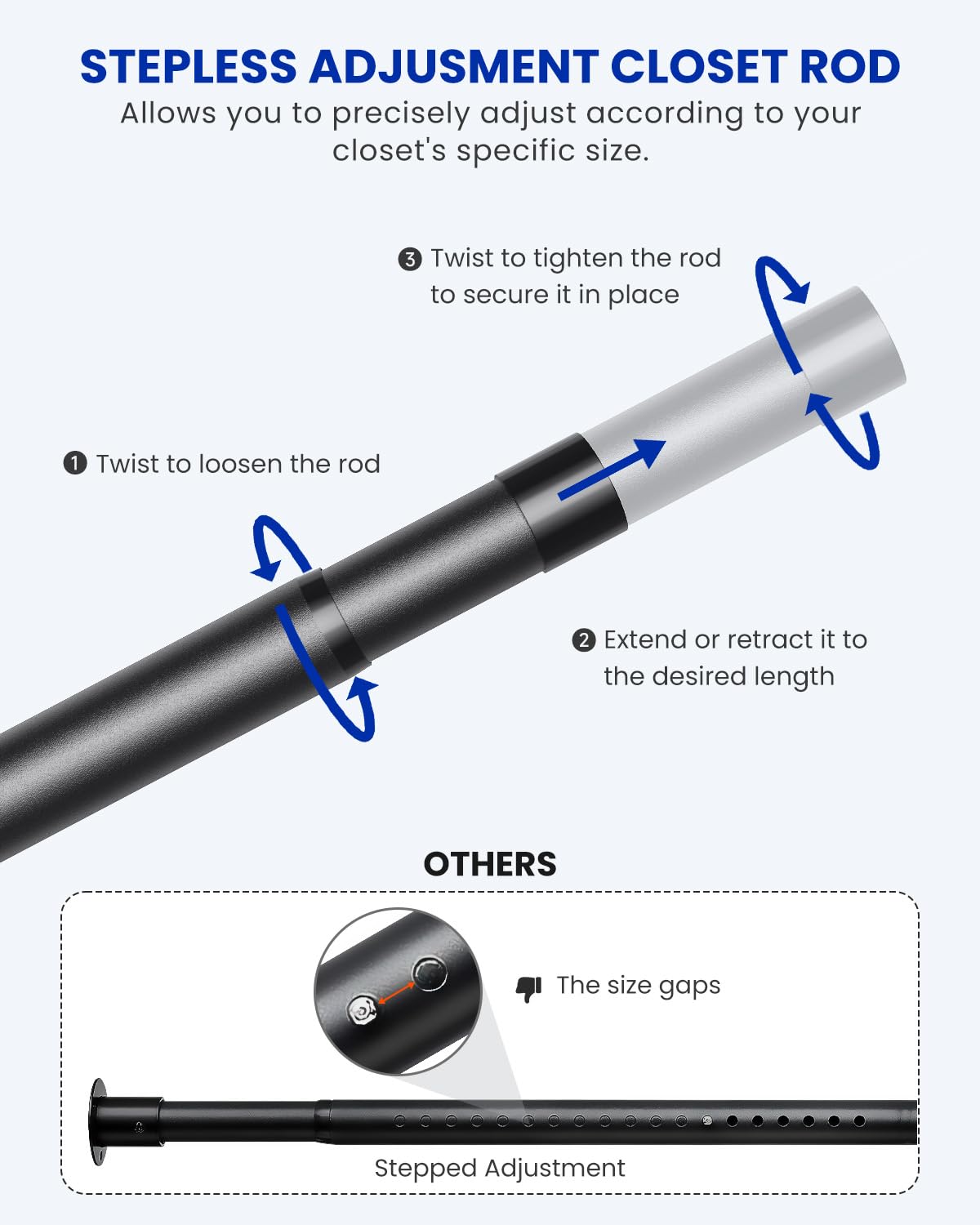 Closet Rods for Hanging Clothes, 17-84 inches Stepless Adjustable Metal Closet Rod, 1.3 Inches Heavy Duty Clothes Hanging Rod for Closet Wardrobes Laundry RV, Black