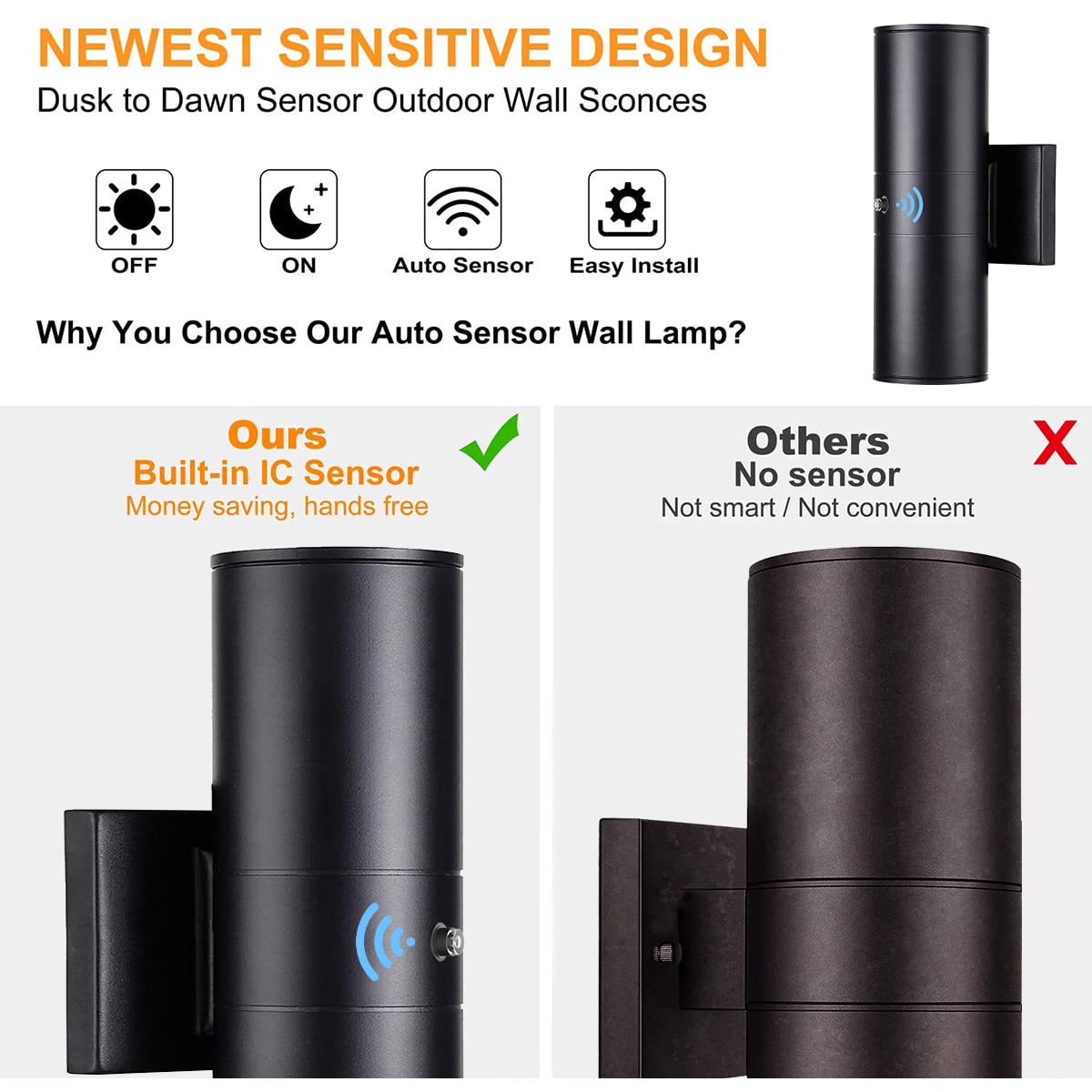 Tipace 2 Pack Dusk to Dawn Modern Outdoor Porch Lights Matte Black Sensor up and Down Wall Lights Cylinder Patio Light,Exterior Wall Light Fixtures for Courtyard,entryway,Garage (Bulbs Not Included)