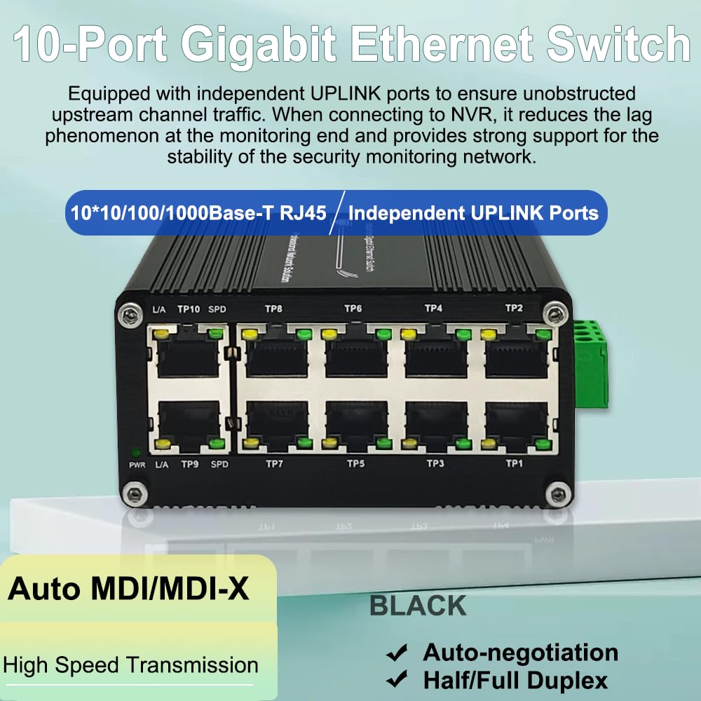 10-Port Gigabit Ethernet Switch - Industrial-Grade Unmanaged Network Hub with Din-Rail or Wall Mount, Full Duplex Desktop,Fast Connection,Plug and Play, Rugged Metal Case, Wide Temperature Range