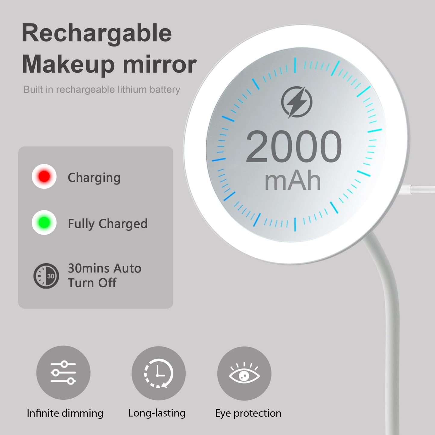 6.5" Clip on Vanity Makeup Mirror with Light, gooseneck Travel 10x Magnifying Mirror,USB Recharge (White 10X)
