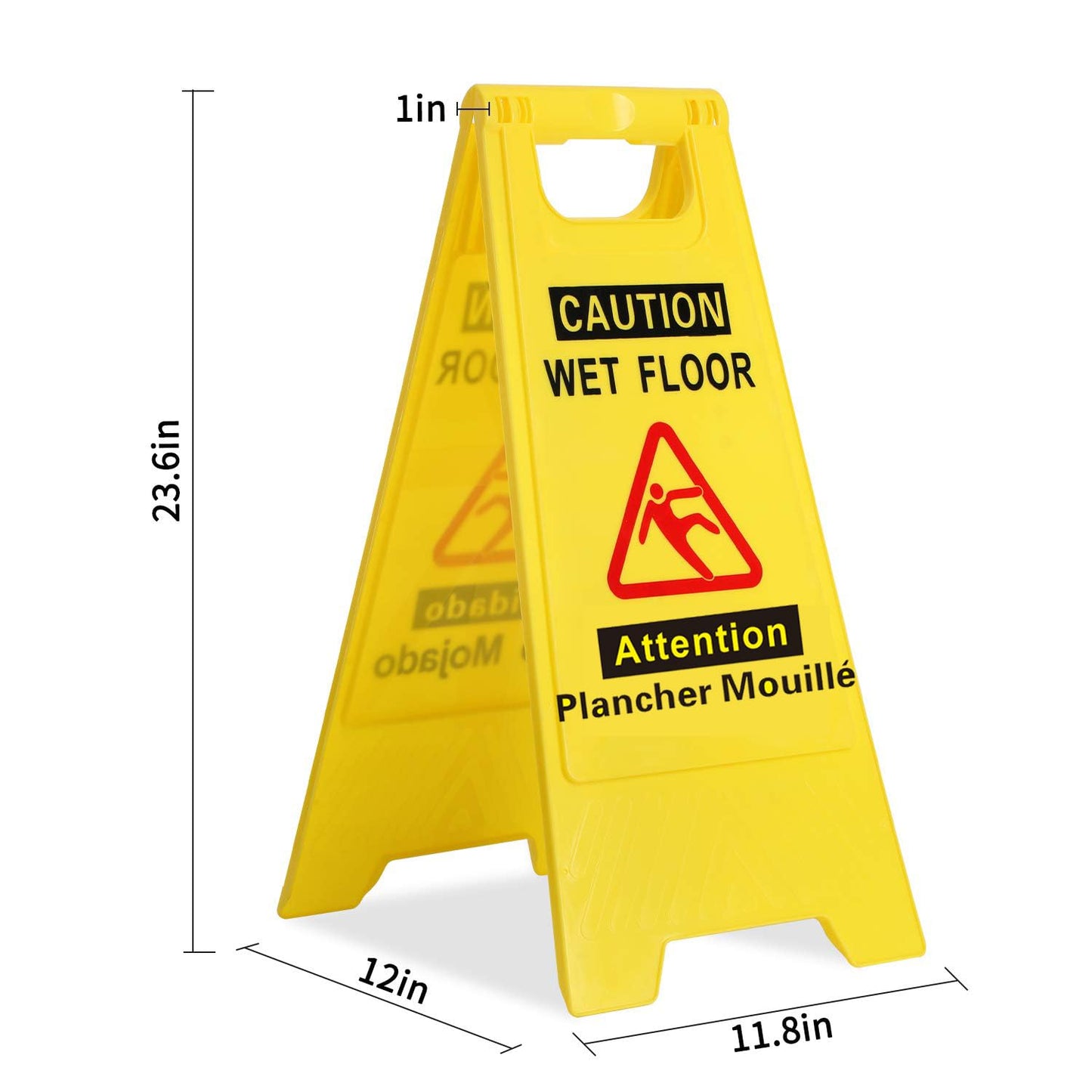 60cm Bilingual Janitorial Caution Wet Floor Sign, "Caution Wet Floor/Attention Plancher Mouillé Foldable Sturdy Bilingual Double-Sided French/English Yellow 2 pack