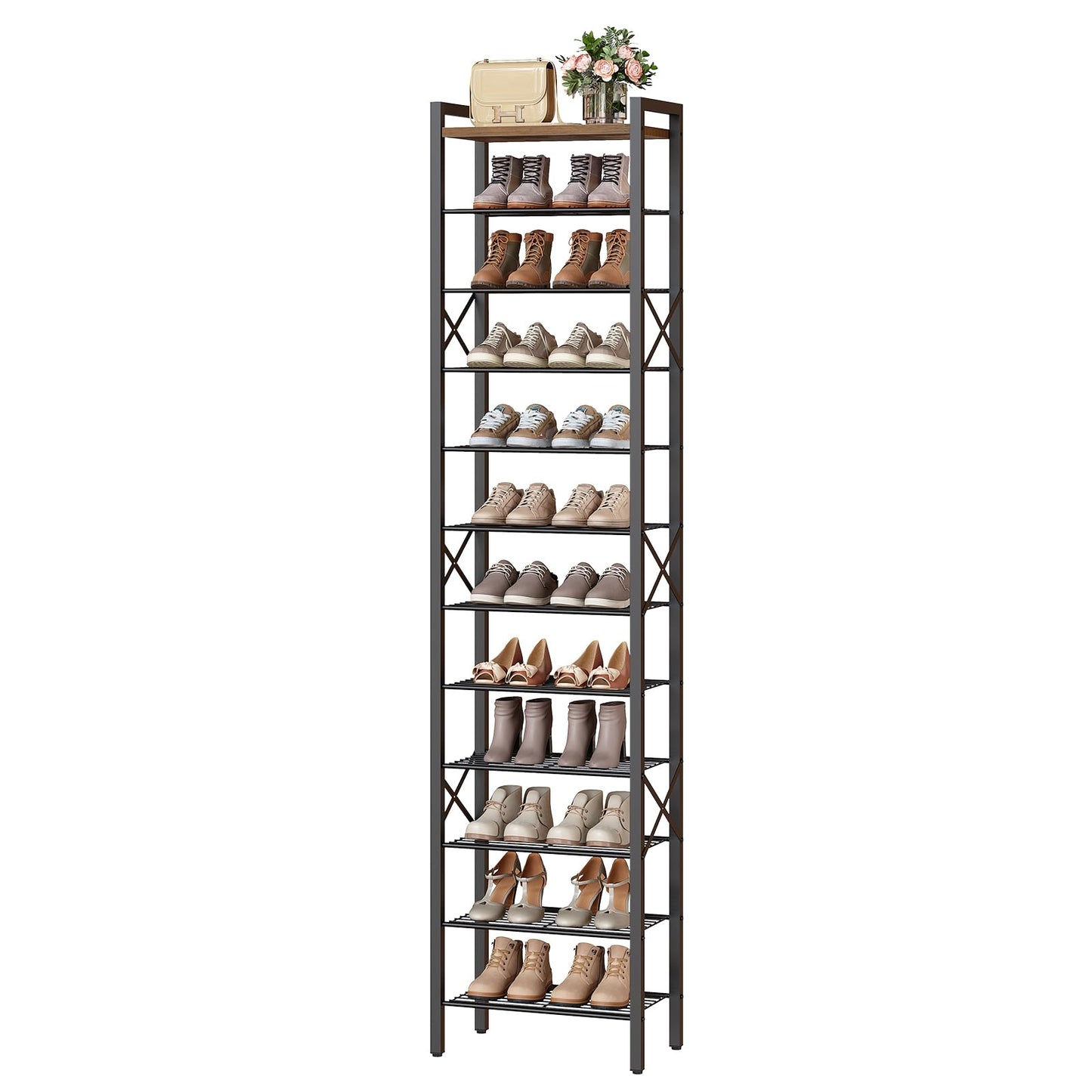 YATINEY 12-Tier Narrow Shoe Rack, Tall Shoe Rack for 12-24 Pairs, Slim Shoe Storage Organizer with Wooden Top, Space Saving, Metal Frame, for Entryway, Rustic Brown and Black SS61BR