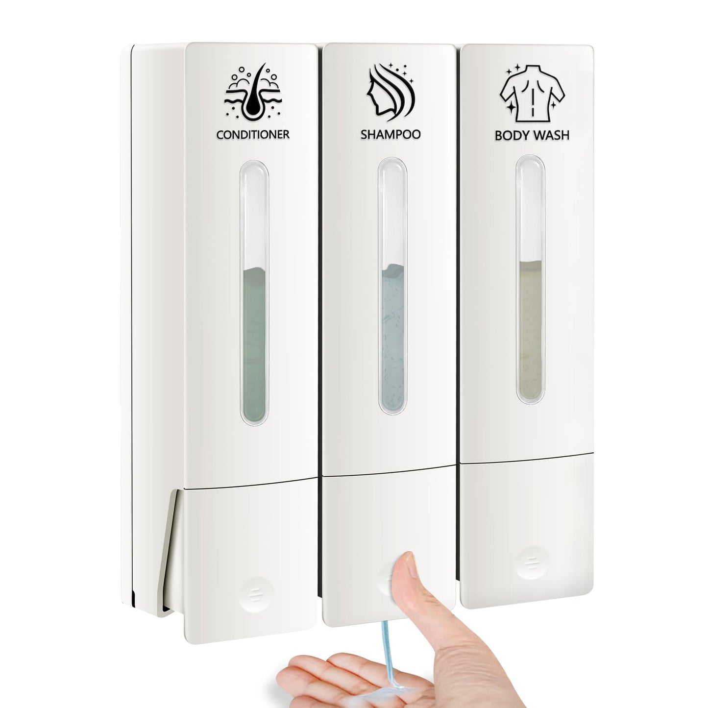 KOYFOYO Shampoo and Conditioner Dispenser, Shower Soap Dispenser 3 Chamber No Drill, Shampoo Dispenser for Shower Wall, Body Wash Dispenser Wall Mounted for Bathroom Hotel (3x13.5oz White)