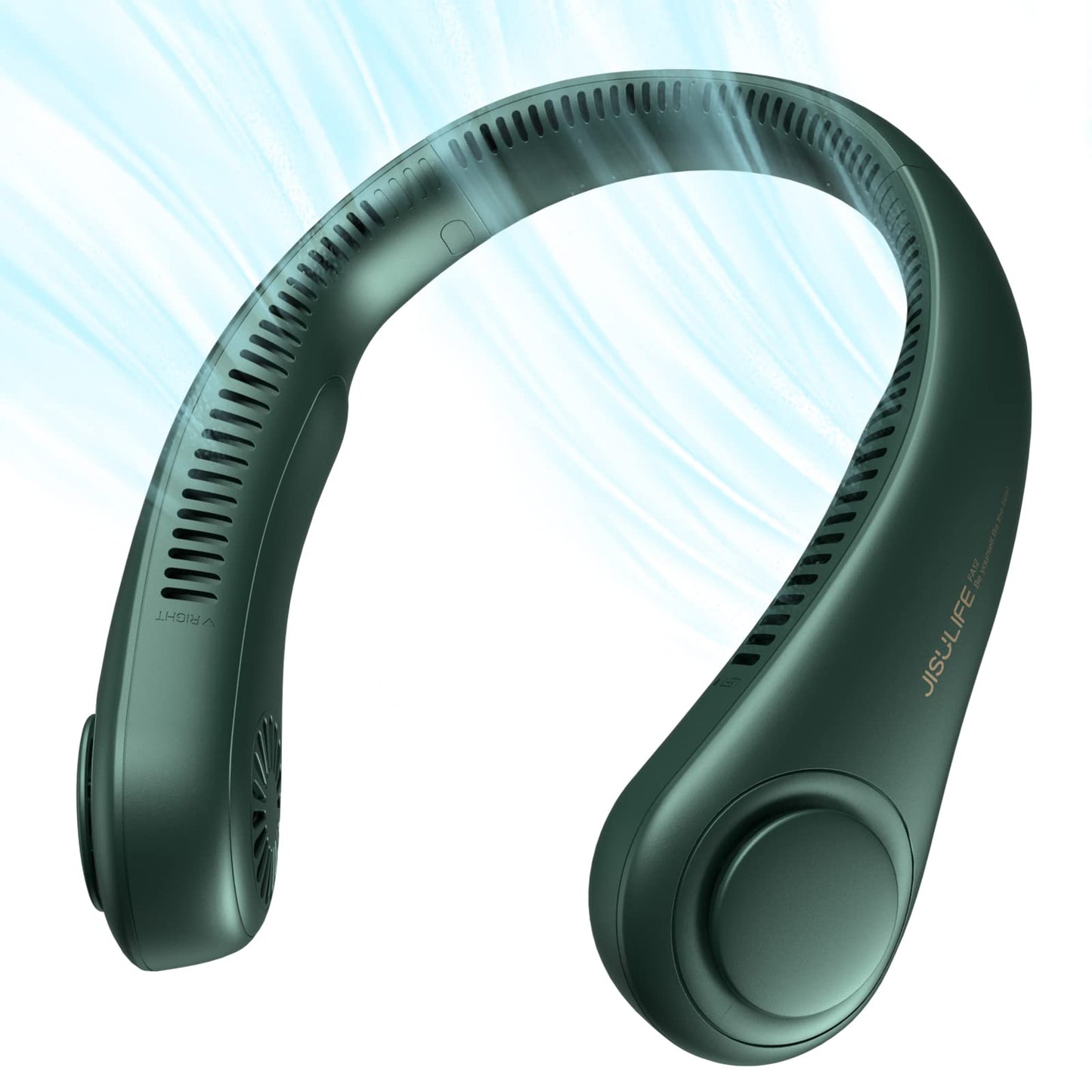 JISULIFE Portable Neck Fan, Hands Free Bladeless Hanging Sport Fan, 4000 mAh Battery Operated Wearable Personal Fan, Leafless, Rechargeable, Headphone Design, USB Powered,5 Speeds-Dark Green