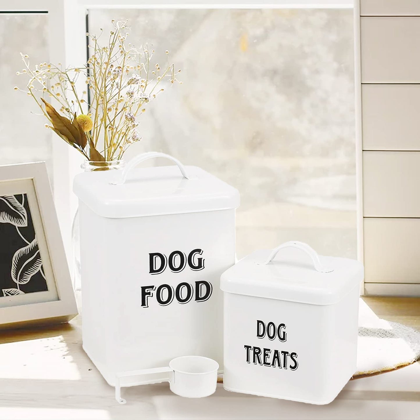 Dog Food and Treats Containers Set with Scoop for Dogs-Vintage White Powder-Coated Carbon Steel-Tight Fitting Lids-Storage Canister Tins-White