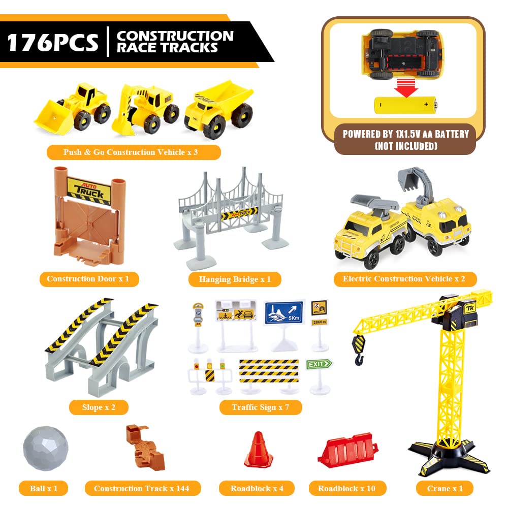 Construction Race Tracks Set, Flexible Train Tracks w/ 2 Electric Construction Race Vehicles w/Lights, STEM Engineering Race Track Toys with Dump Truck, Crane Assort Acessories for Boys Girls