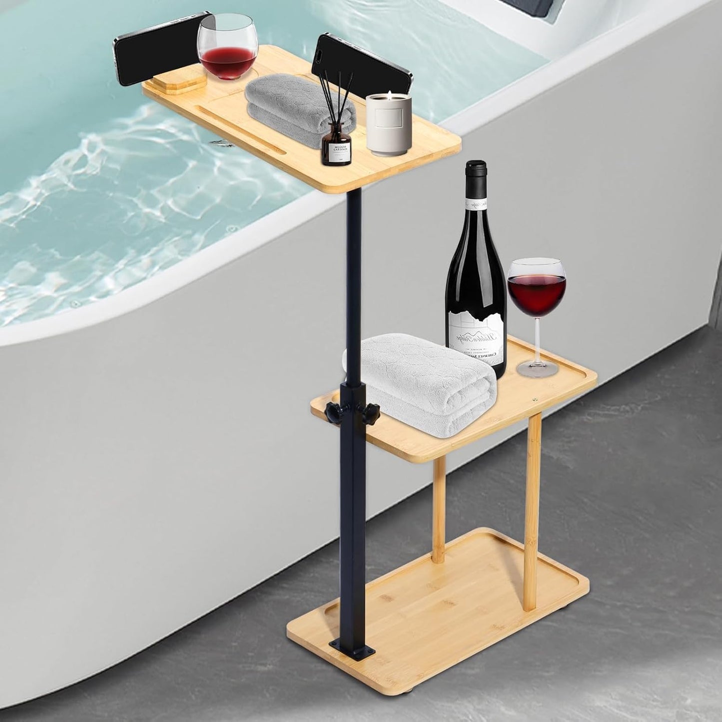 3 Layer Bath Tub Tray Table, Liftable Freestanding Bamboo Bath Tray Caddy for Tub Against Wall, Bathroom Organizer Shelf, Bath Home Spa Bathtub Accessories