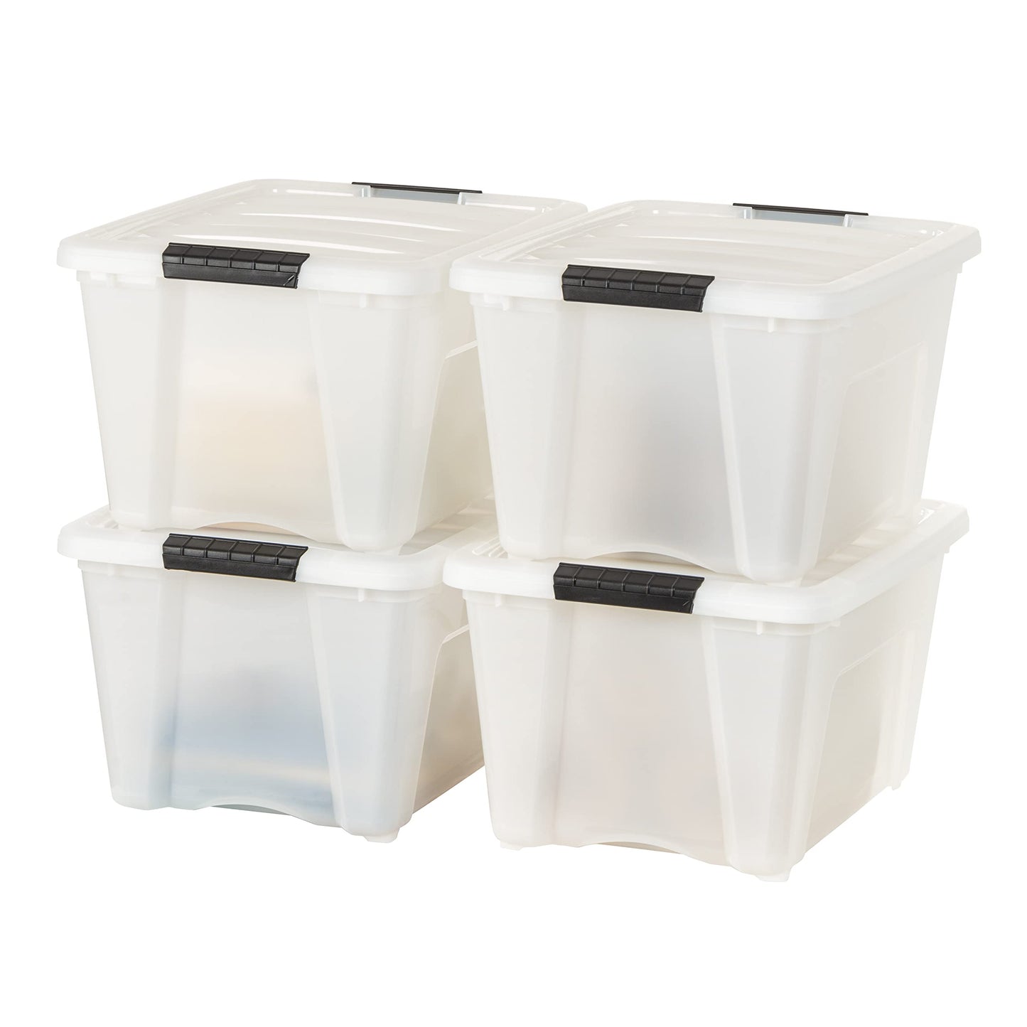 IRIS USA 30 L Plastic Storage Box with Lid and Latches - 4 Pack - BPA-Free, Discreet Organizing Solution, Durable Nestable Stackable Containers, Secure Pull Handle - Pearl