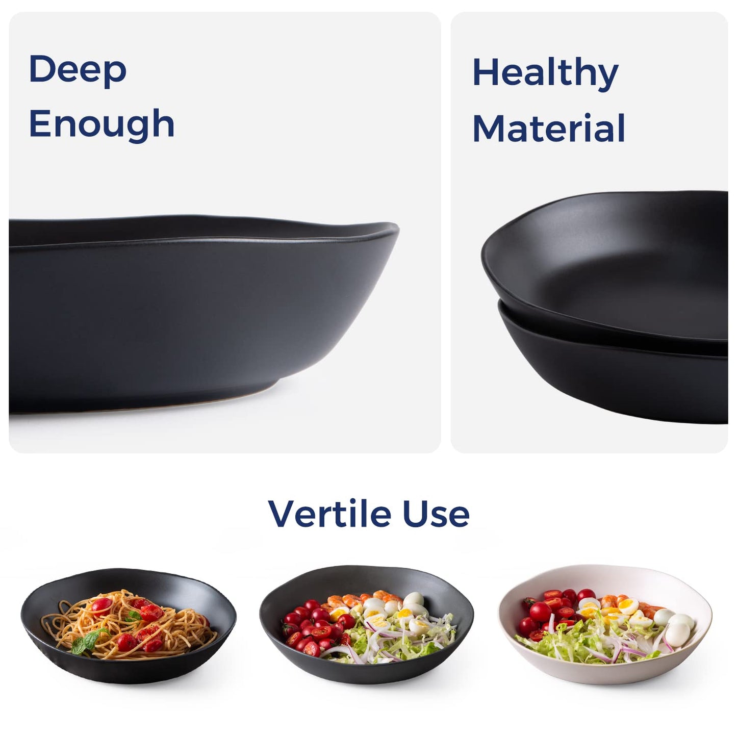AmorArc 9.75'' Ceramic Large Pasta Bowls, 38oz Stoneware Flat Serving Bowls Set of 4, Oven,Microwave&Dishwasher Safe Bowls with Wavy Rim for Fruit Pasta Salad Meal, Matte Black