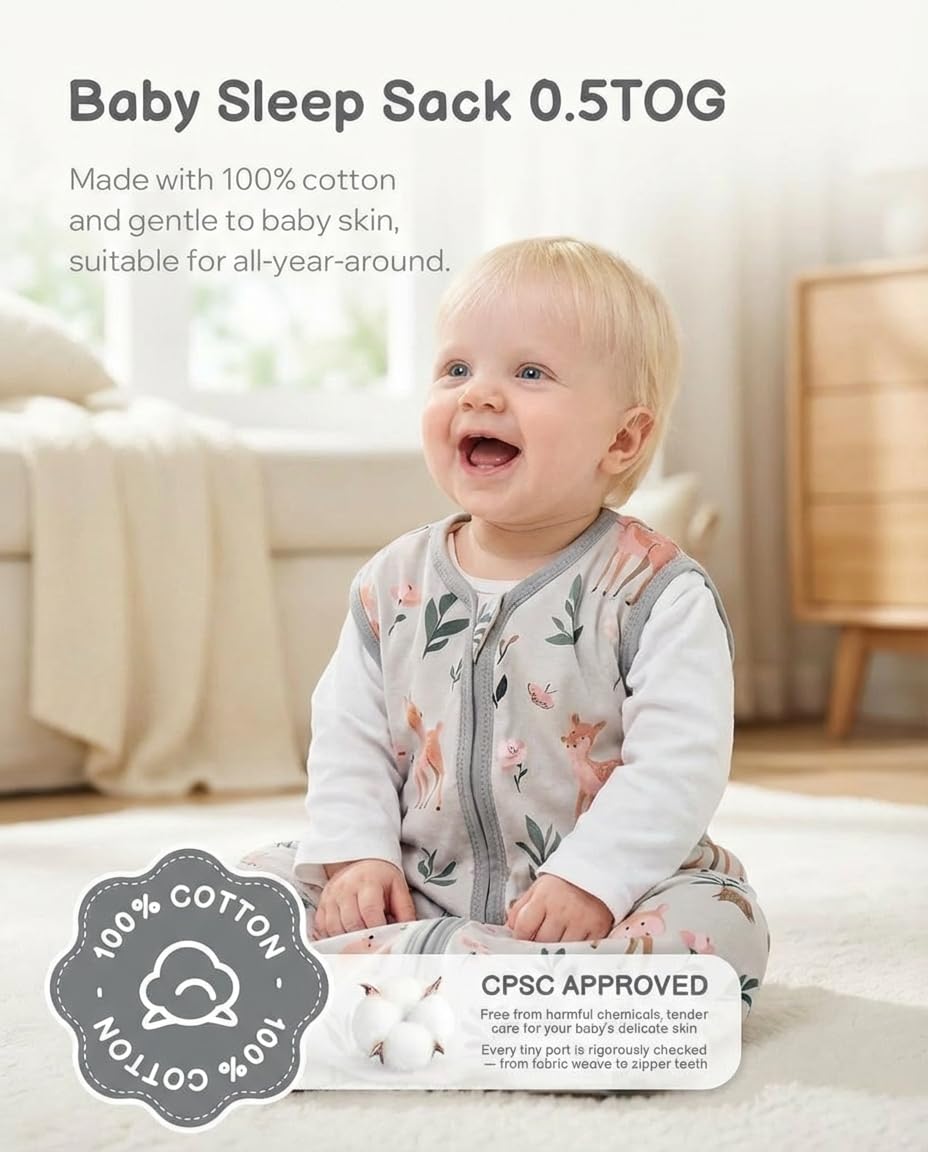 TURMEWU 3 Pack Baby Sleep Sack 6-12 Months 100% Organic Cotton, 0.5 TOG Lightweight Wearable Blanket, 2-Way Zipper Sleeping Bag, Cotton&Fawn&Grey
