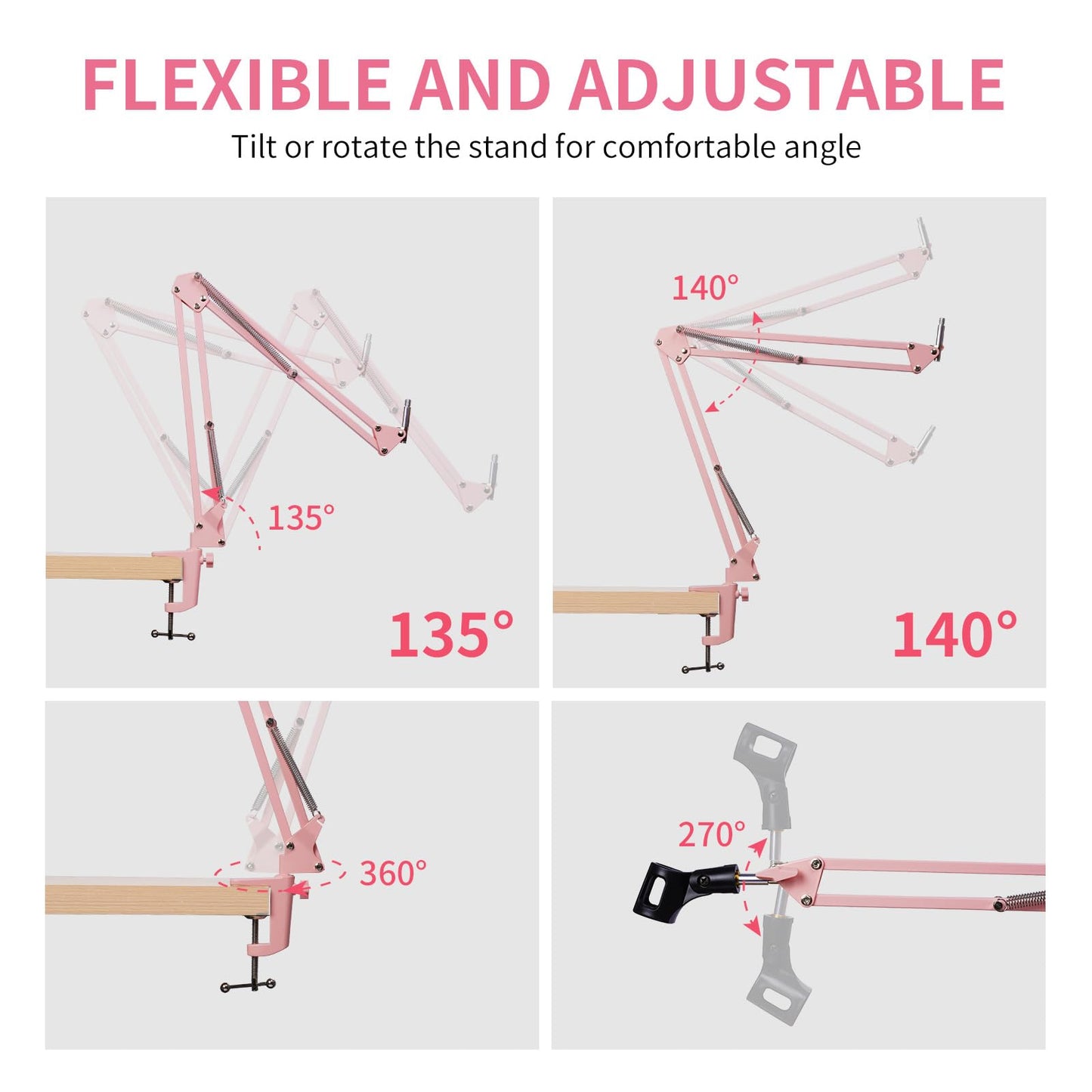 FEELWORLD AMS1 Microphone Boom Arm, Adjustable Mic Arm Stand with 3/8” to 5/8” Screw, Compatible with PM1 and other Mics for Podcast Straming Gaming Studio （Pink)
