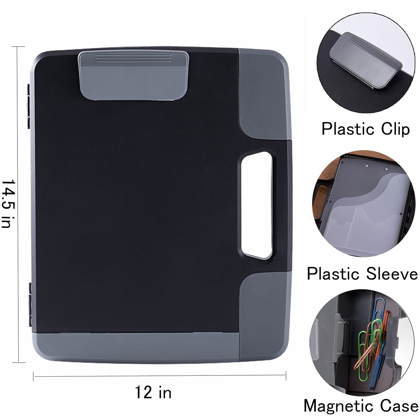 Tradetop Portable Clipboard Folder with Storage, Plastic Storage Case with Side-Opening, Heavy Duty Clipboard, A4 Size Writing for Office, 14.5"x12"x 1.75", Black