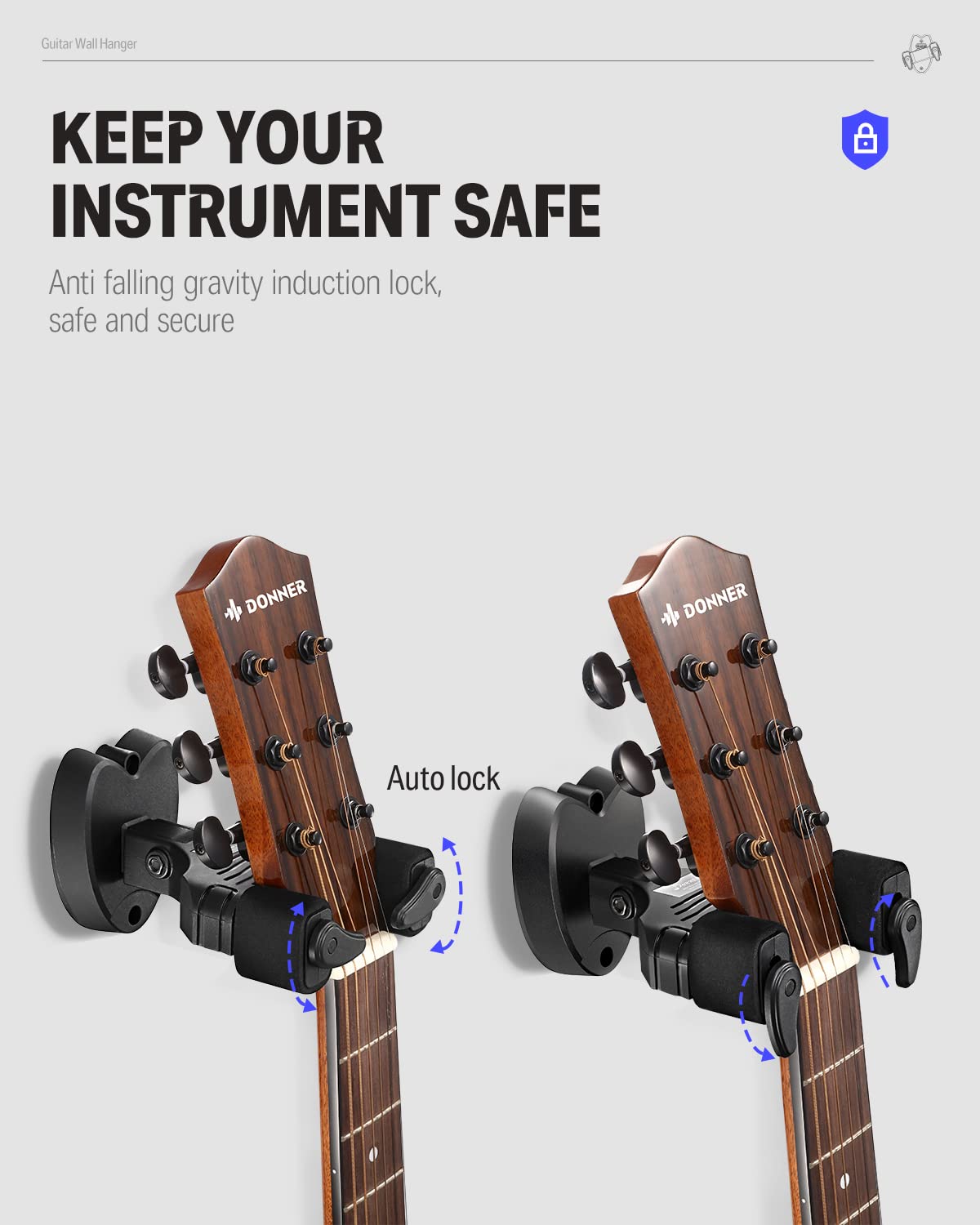 Donner Locking Guitar Wall Mount 3-Pack, Guitar Wall Hangers Auto Lock for Acoustic Electric Guitar Bass Mandolin, Black