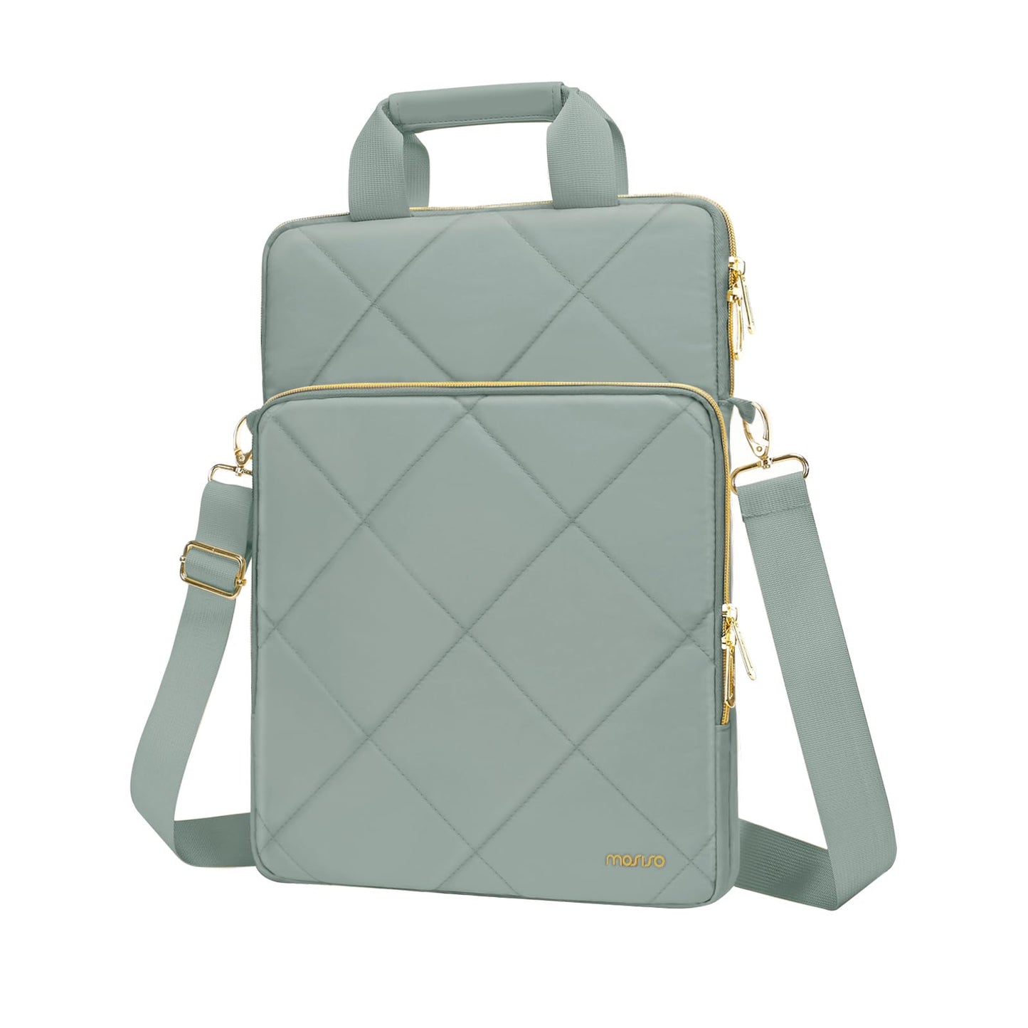 MOSISO Vertical Laptop Shoulder Bag,15-15.6 inch Computer Bag Compatible with MacBook 16 inch, HP, Dell, Lenovo, Asus Notebook,Rhombus Quilted Messenger Bag with Front Pocket&Handle&Belt,Antique Green