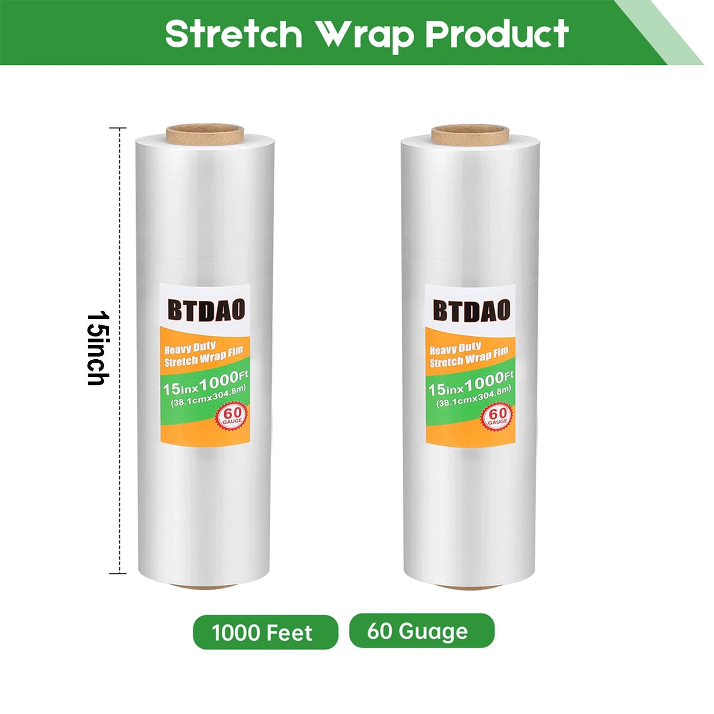 4 Packs Stretch Wrap Stretch Film 15" X 1000 Feet Shrink Wrap Packing Moving Suppliers 60 Gauge Plastic Wrap for Pallet Wrapping Shipping and Surface Protection