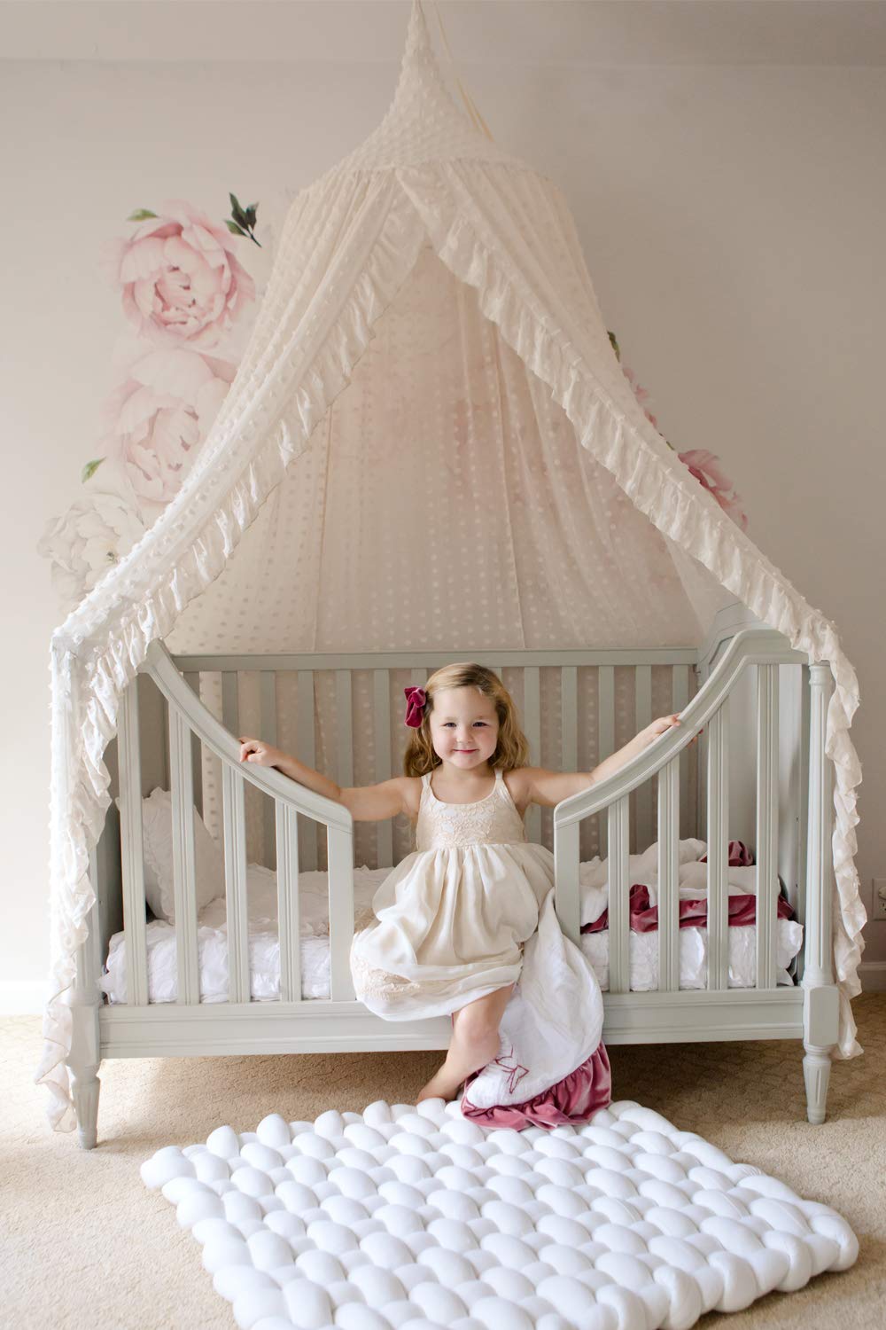 Wonder Space Elegant Kids Bed Canopy - Lace Chiffon Netting with Pom Pom, Princess Girls Fairy Dream Tent, Nursery Room Baby Crib Hanging Mosquito Net Children Reading Nook Decoration, Beige