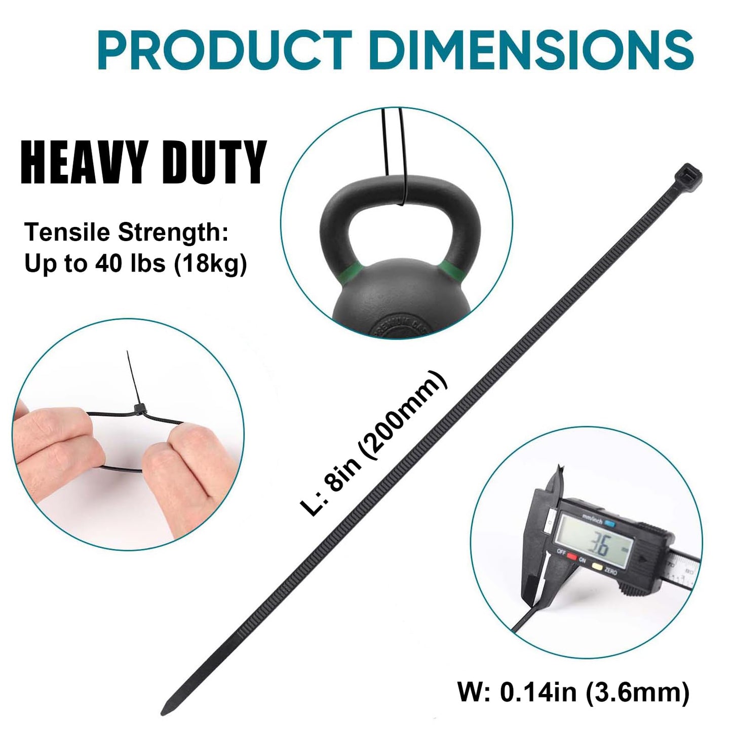AWYZ Cable Ties 2000 Pack, 8 inch Zip Ties Black, 200 x 3.6 mm Nylon Long Tie Wraps UV-Resistant Self-Locking Zip Ties with Tensile Strength 40 lbs for Gardening, Office, Workshop and Outdoor