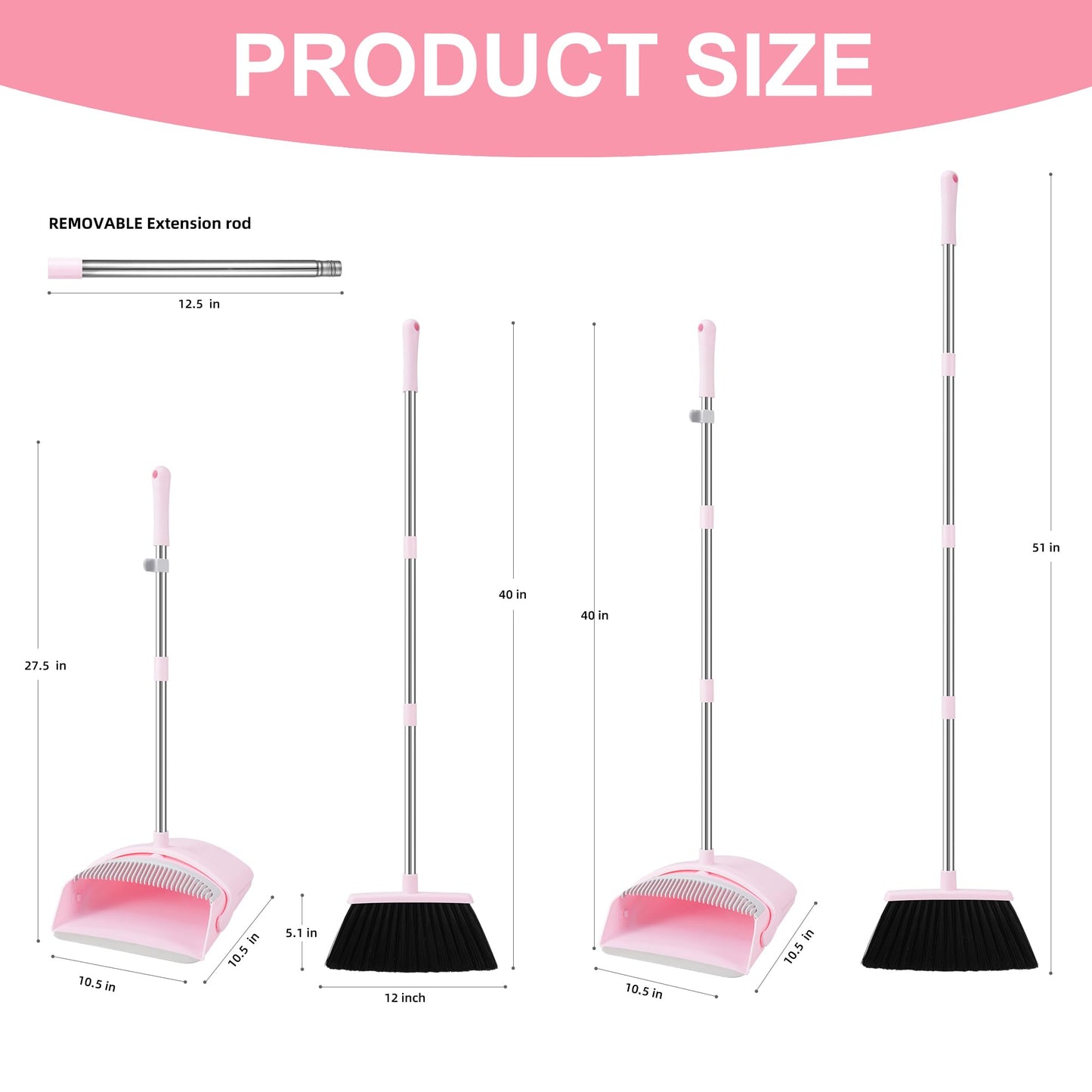 BSKLIN Pink Broom and Dustpan Set, 52” Long Adjustable Handle Broom with Dustpan Combo Set with Dust Pan Teeth to Clean Hair for Home Lobby Office